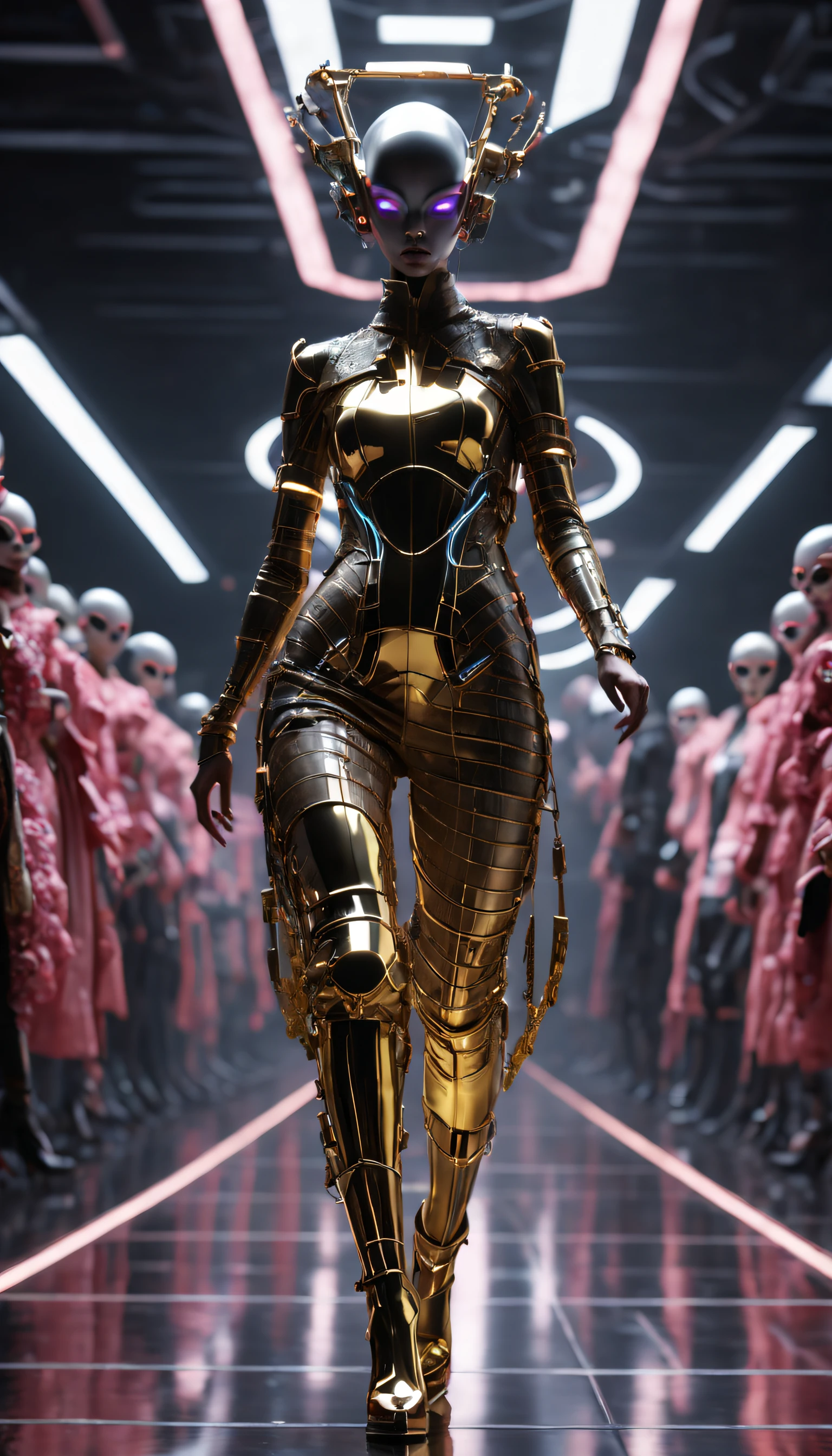 A fashion runway for alien technology , vogue photography , Inspired by Chinese Xianxia and cyberpunk。(Best quality,4K,8K,A high resolution,Masterpiece:1.2), (Realistic,Photorealistic,photo-realistic:1.37).