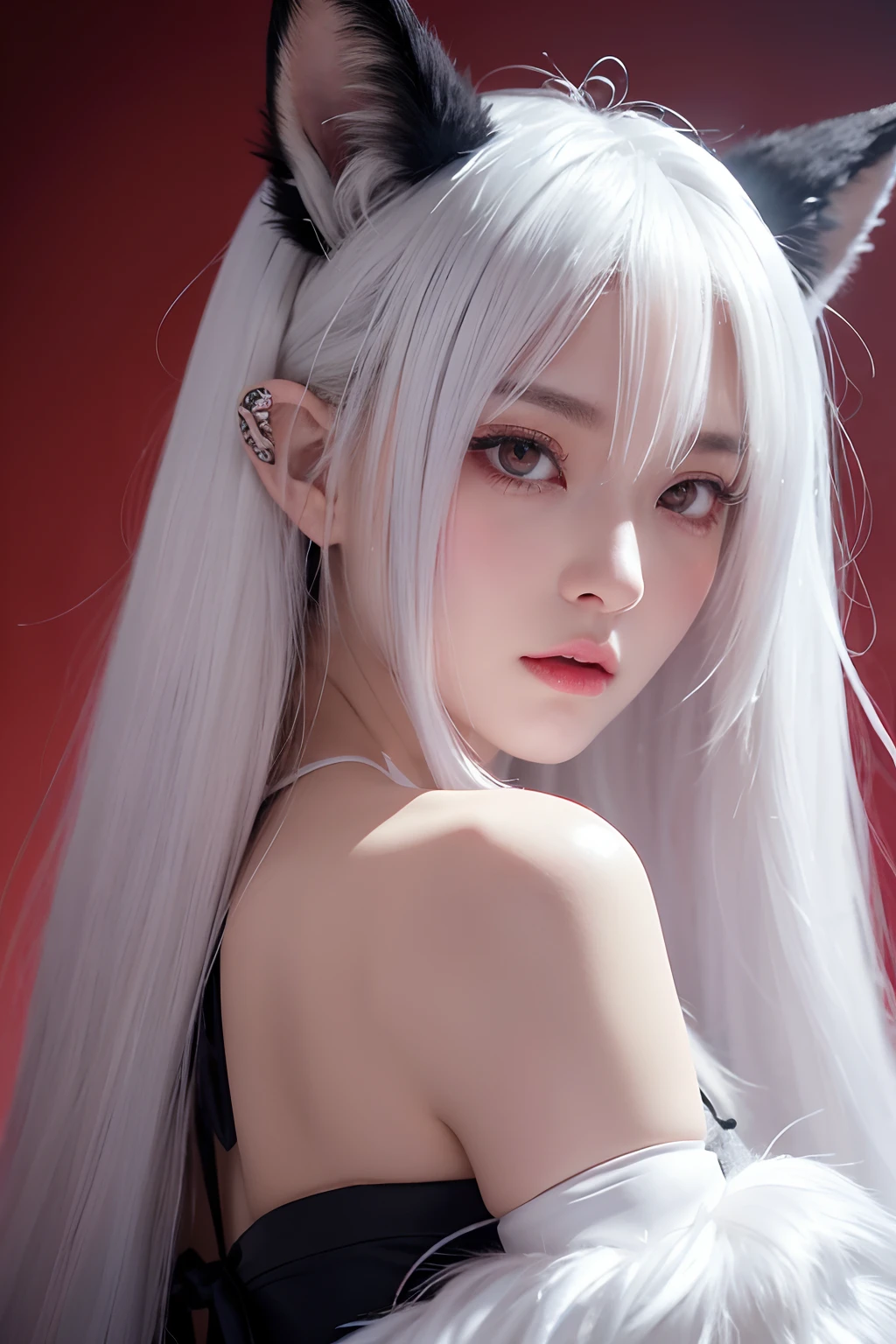 longeyelashes, ear blush, fang, white hair, ahoge, ribbon, slit pupils, red eyes, fox ears, tearing up, drop shadow, stereogram, tachi-e, anime, high detail, Gothic art, bloom, from side, character chart, fading border, 8k, super detail, ccurate, best quality