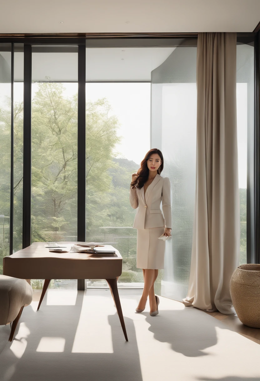 long hair, woman, suit, slender, 25 years old, Japan person, beautiful detailed eyes, beautiful detailed lips, extremely detailed eyes and face, long eyelashes, professional, elegant outfit, confident expression, standing in a modern office with floor-to-ceiling windows, natural daylight illuminating the room, minimalistic interior design, clean lines, sleek furniture, high-quality materials, polished hardwood floor, stylish desk with a computer, laptop, and documents neatly arranged, modern artwork on the wall, hint of Japanese influence with a bonsai tree and a traditional tea set on a small table, subtle color palette with shades of gray, black, and white, elegant and sophisticated atmosphere, peaceful and focused aura, capturing the essence of a successful and ambitious Japanese businesswoman. (best quality, 4k resolution, ultra-detailed, photo-realistic:1.37), professional lighting, vibrant colors, perfect balance between realism and artistic interpretation.