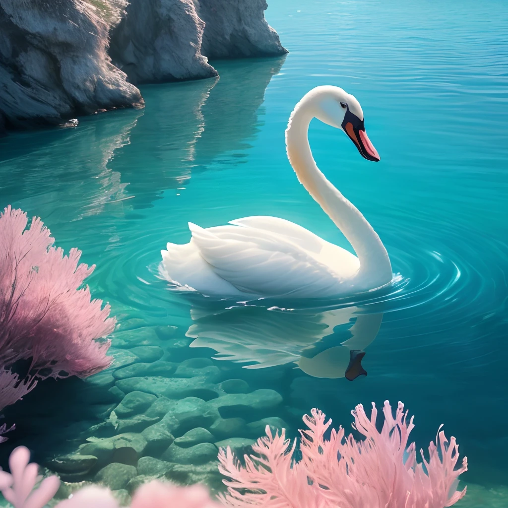 Middle of the ocean ; afternoon time ; hyper realistic  clear blue water pale blue water ; bubbles on the surface a pink coloured swan on the surface