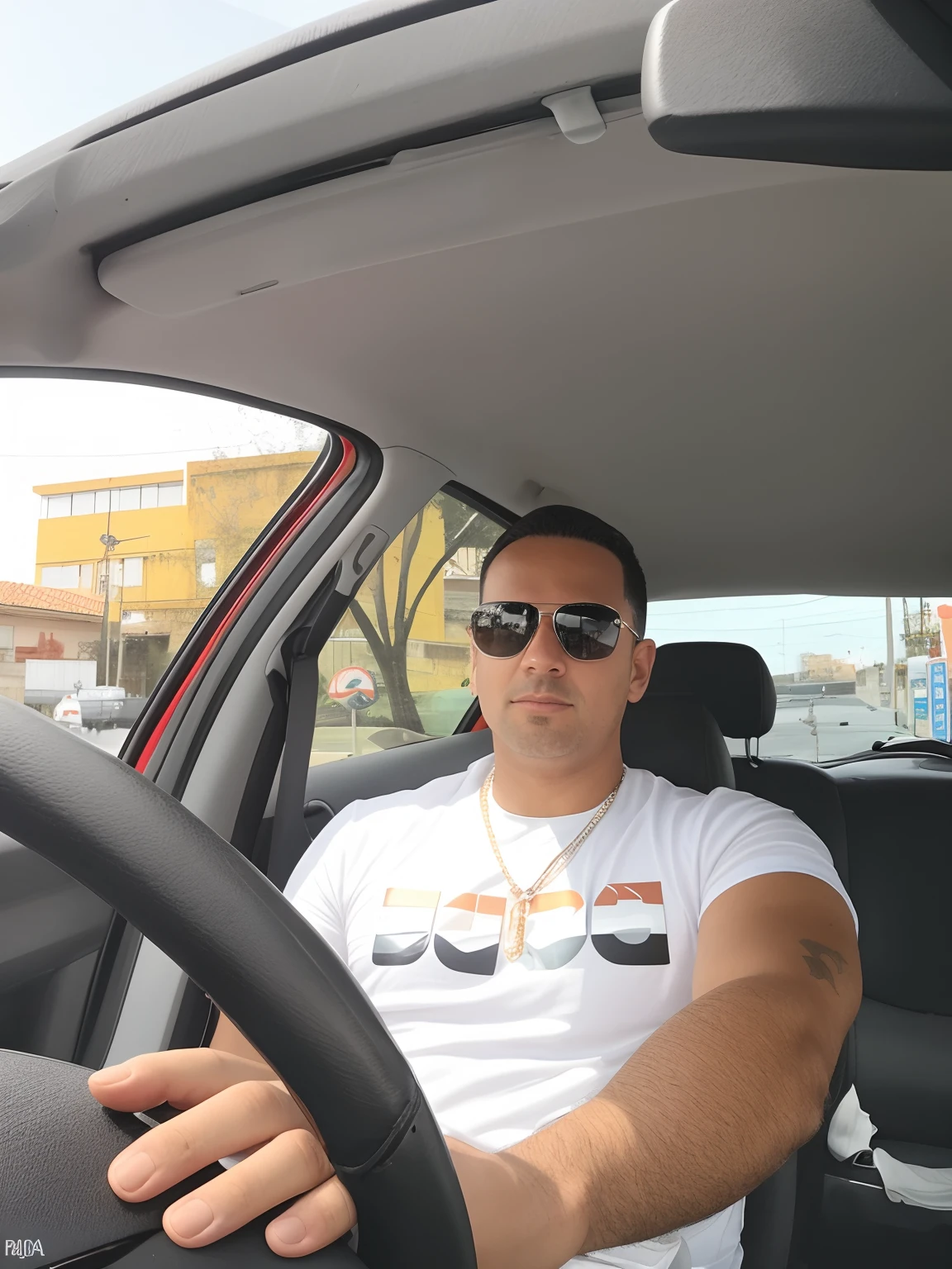 There's a man sitting in a car with sunglasses on, dirigindo um carro, em pilotos, fotografiagrafia, wearing versace sunglasses, driving, Foto POV, Dirigindo pela cidade, imagem frontal, Album Photography, fotografia, Alex, Foto realista, na rua, Carmelo Blandino, vincenzo riccardi, andres rios, Estilo Boixcar, Michal