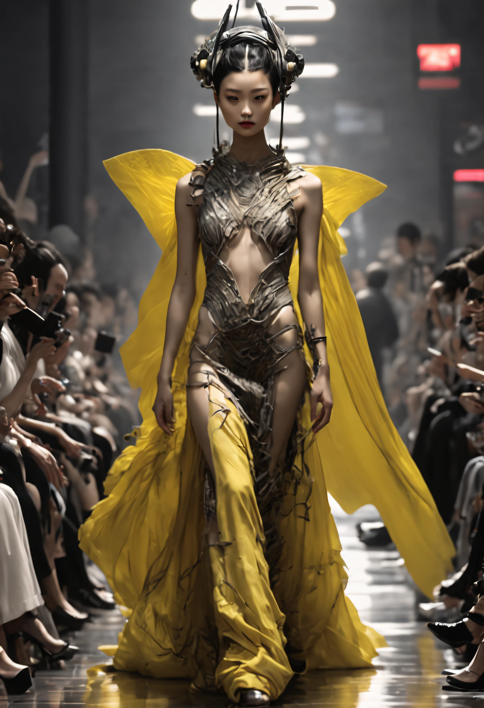 Optimal image, (8K, RAW photo, Realistic), Delicate and delicate brushstrokes and gorgeous and dynamic painting techniques, A full-body photo of a fashion model,A fashion runway for alien technology , vogue photography , Inspired by Chinese Xianxia and cyberpunk。(Best quality,4K,8K,A high resolution,Masterpiece:1.2), (Realistic,Photorealistic,photo-realistic:1.37).