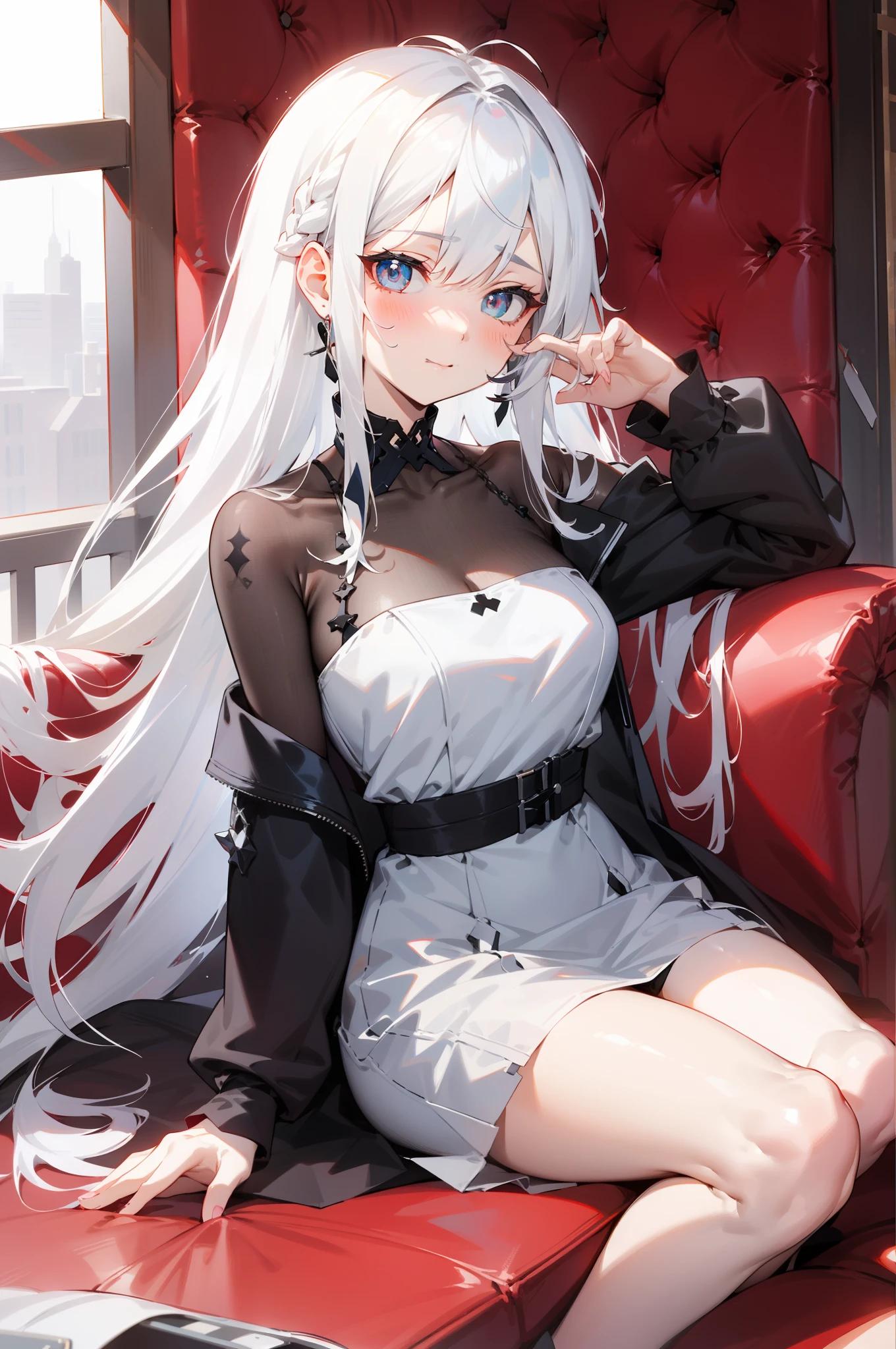 Anime girl sitting on a red sofa in a black and white dress, Blue-eyed perfect white-haired girl, Girl with white hair, white  hair, white hair woman, White-haired, white haired god, Seductive Anime Girl, loli in dress, from girls frontline, girls frontline style, silber hair, Cute anime waifu in a nice dress, silver hair girl, with long white hair，Eyes are blue