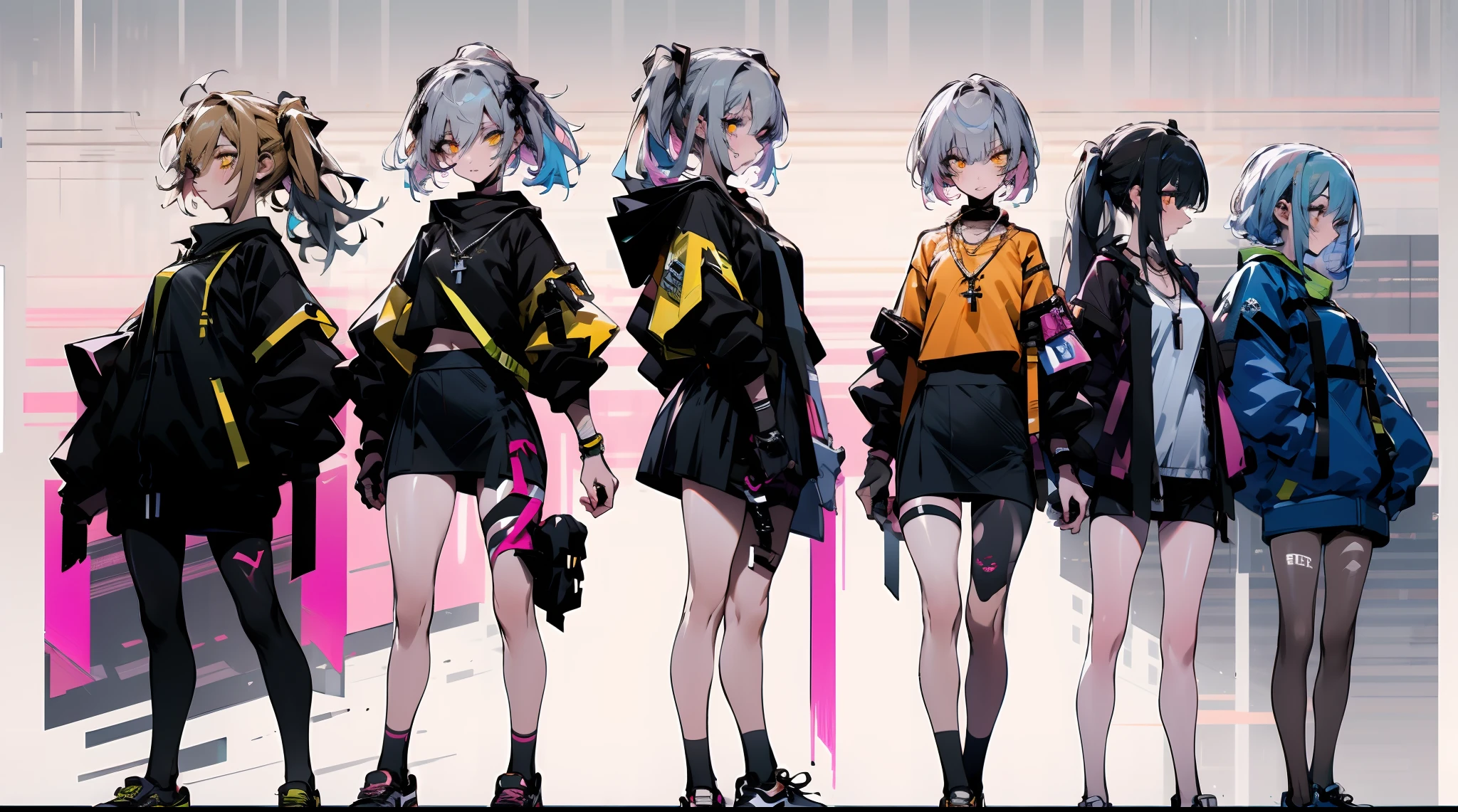 Cyberworld，Grey ponytail，simplebackground，femele，jk style，bags under eyes,eyeliner,makeup，Golden eyes，There are scars on the eyes，Cyber eyeshadow，Silver cross necklace，Very short black hot coat，Expose the lower half of the breast，Black-orange sports sweatshirt，Punk skirt，Black stockings on the left leg，White stockings on the right leg，Pink sneakers