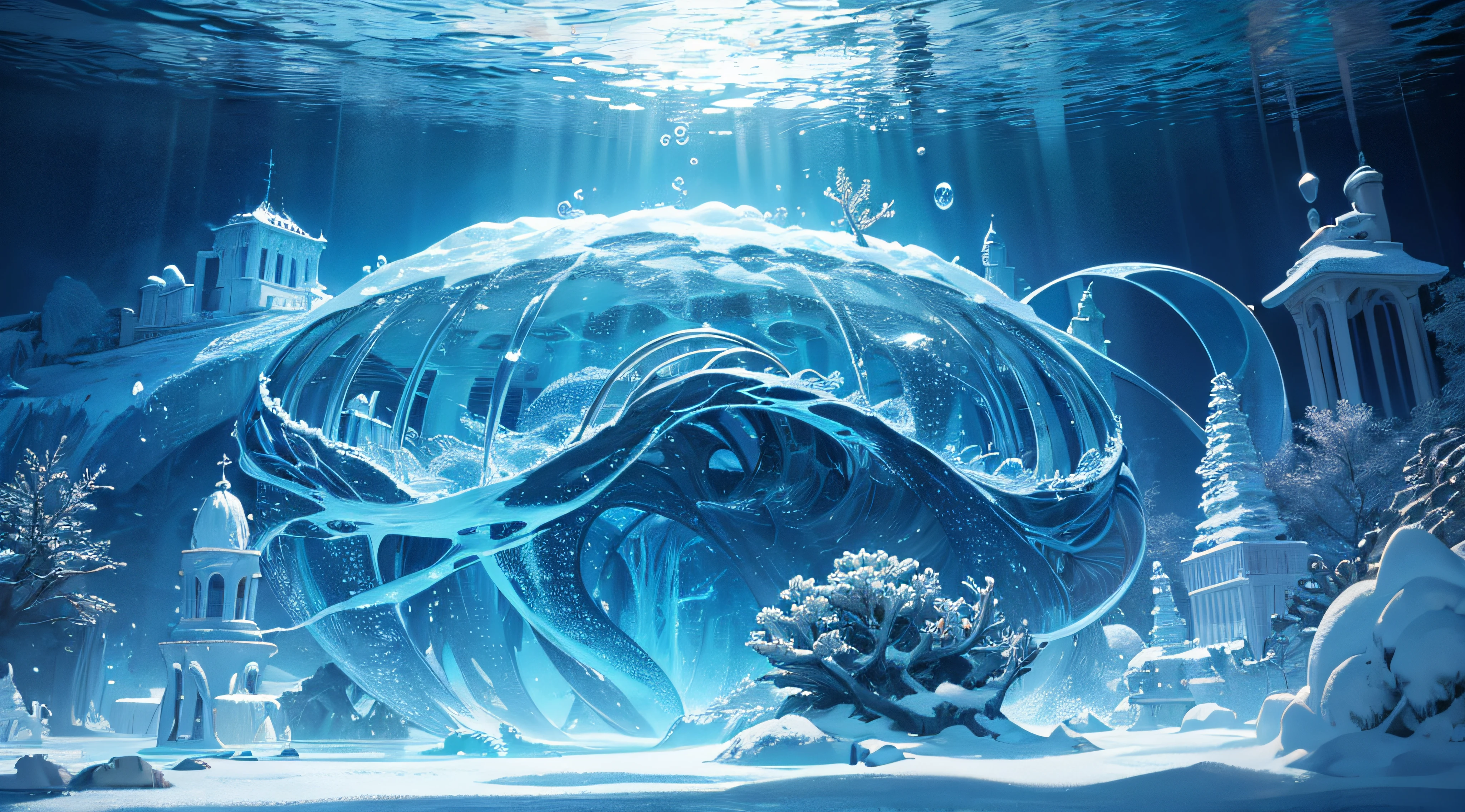 In the underwater world,Sink the forgotten ancient capital,The surface of the water is illuminated by endless snow and ice,Space-Time Universe,Lots of detail,Bubble,Sea Dragon,water flowing,The sea shines,Sparkling,Very detailed,Perfect stills,Shocking,Majestic,Magnificent,high-definition photograph,8K