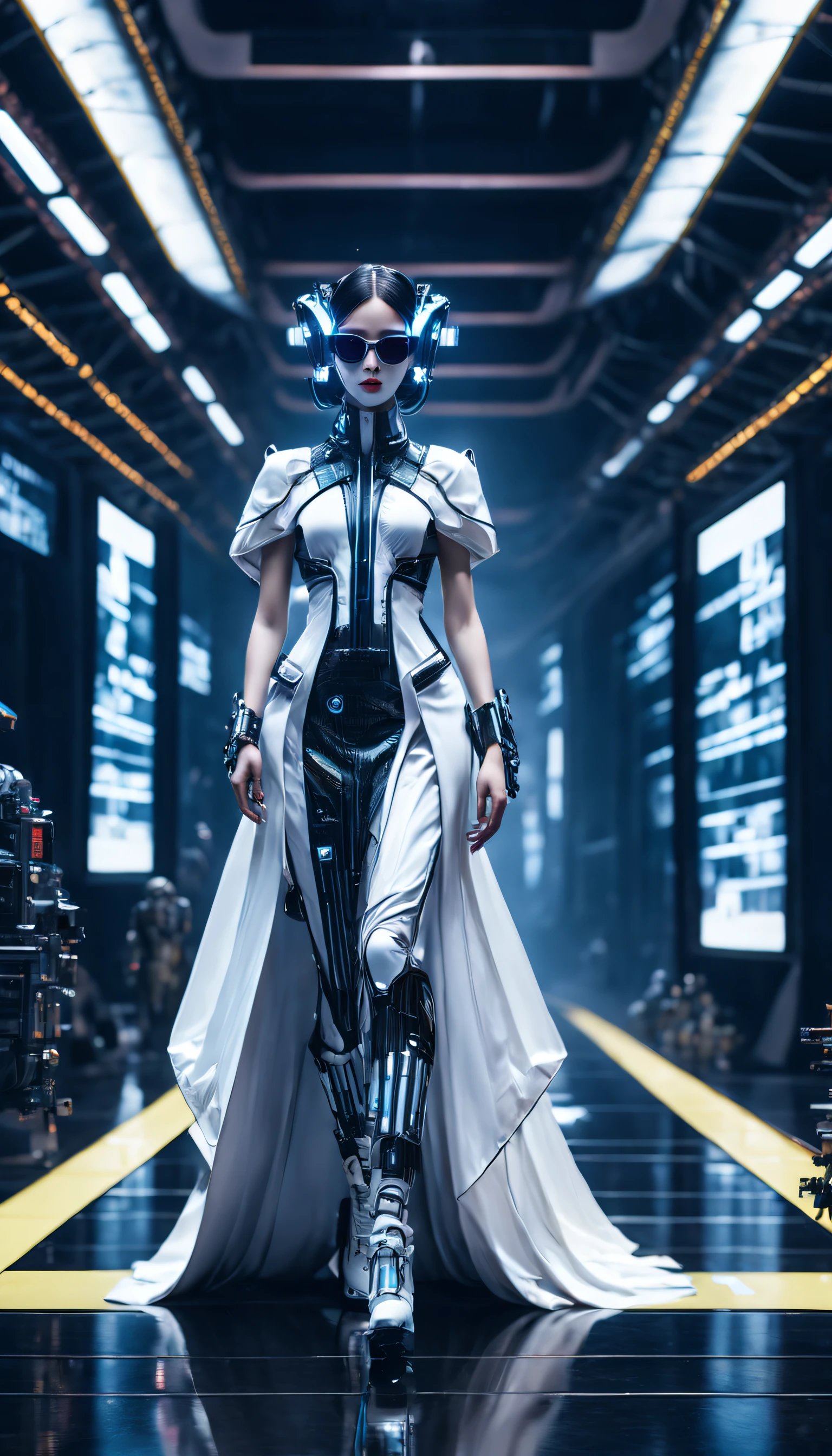 A fashion runway for alien technology , vogue photography , Inspired by Chinese Xianxia and cyberpunk。(Best quality,4K,8K,A high resolution,Masterpiece:1.2), (Realistic,Photorealistic,photo-realistic:1.37).