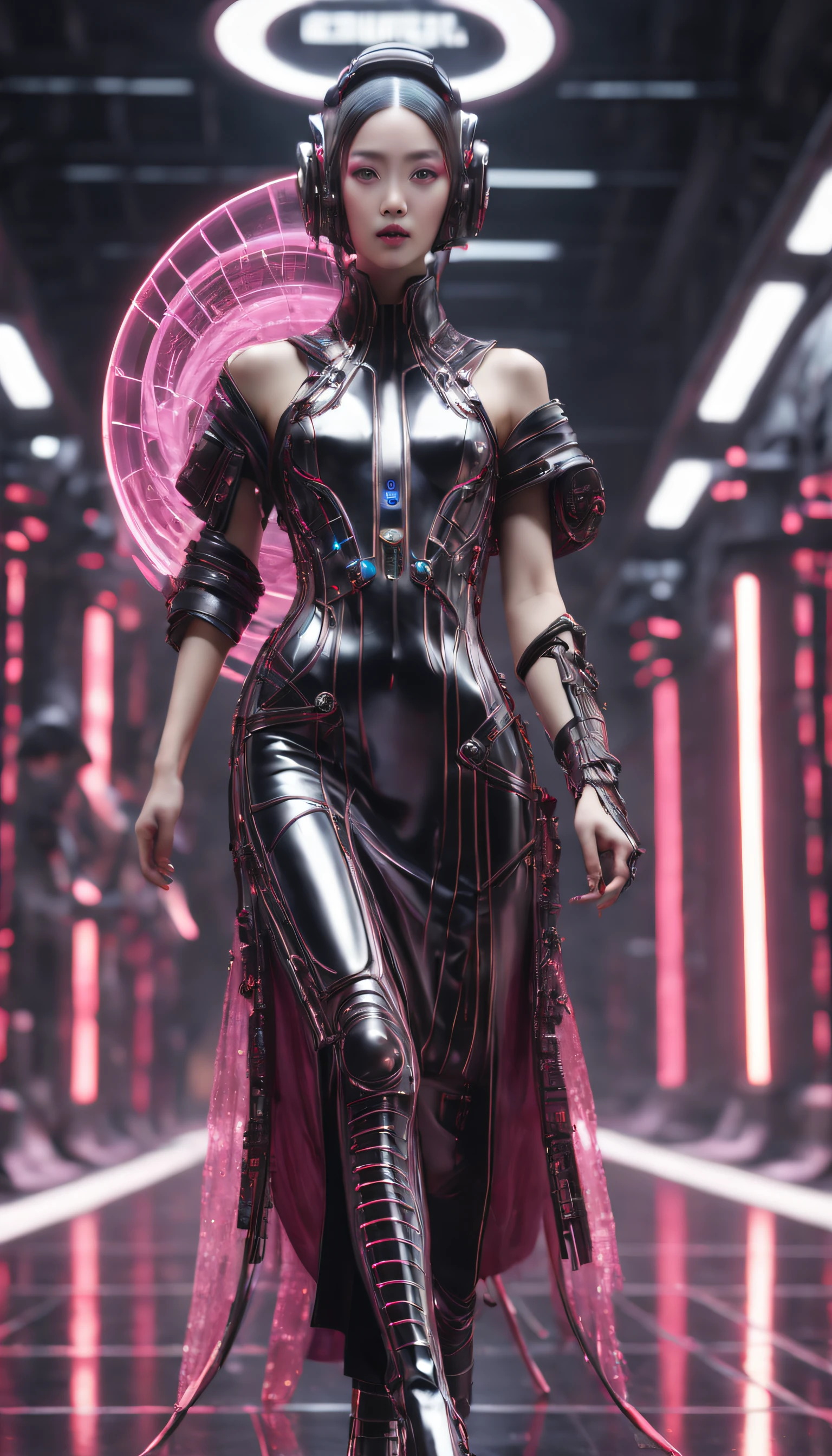 A fashion runway for alien technology , vogue photography , Inspired by Chinese Xianxia and cyberpunk。(Best quality,4K,8K,A high resolution,Masterpiece:1.2), (Realistic,Photorealistic,photo-realistic:1.37).