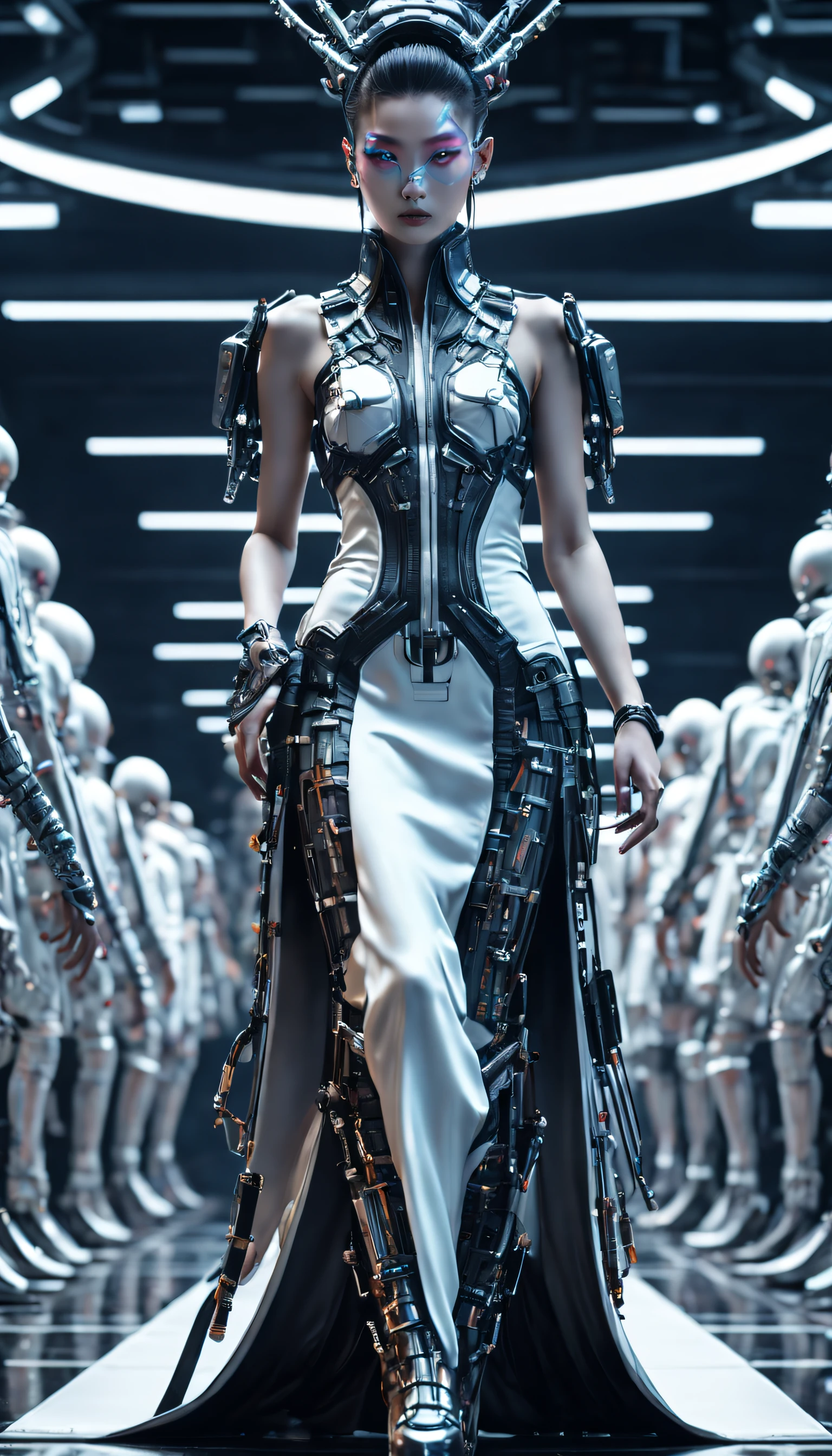 A fashion runway for alien technology , vogue photography , Inspired by Chinese Xianxia and cyberpunk。(Best quality,4K,8K,A high resolution,Masterpiece:1.2), (Realistic,Photorealistic,photo-realistic:1.37).