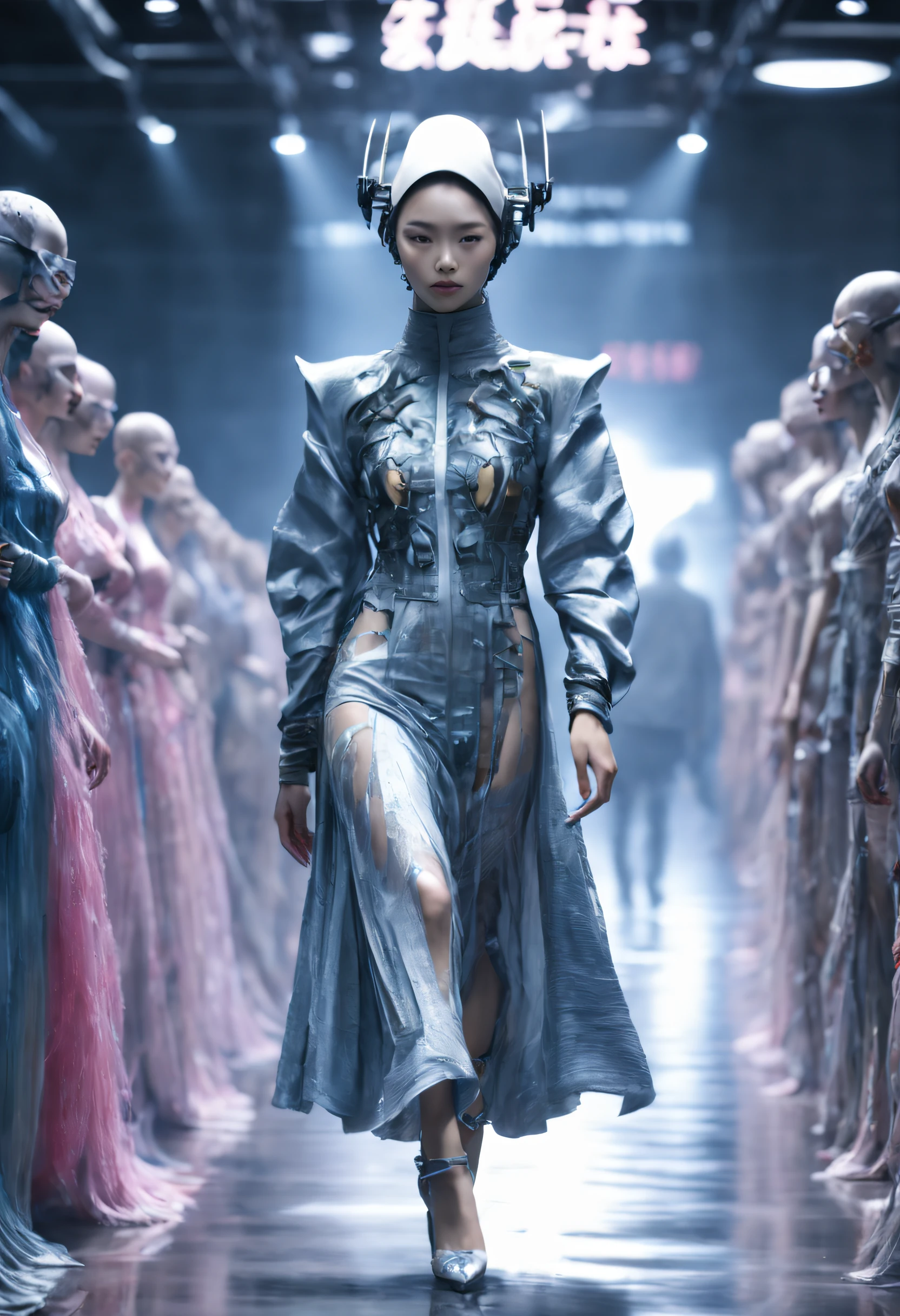 Optimal image, (8K, RAW photo, Realistic), Delicate and delicate brushstrokes and gorgeous and dynamic painting techniques, A full-body photo of a fashion model，A fashion runway for alien technology , vogue photography , Inspired by Chinese Xianxia and cyberpunk。(Best quality,4K,8K,A high resolution,Masterpiece:1.2), (Realistic,Photorealistic,photo-realistic:1.37).