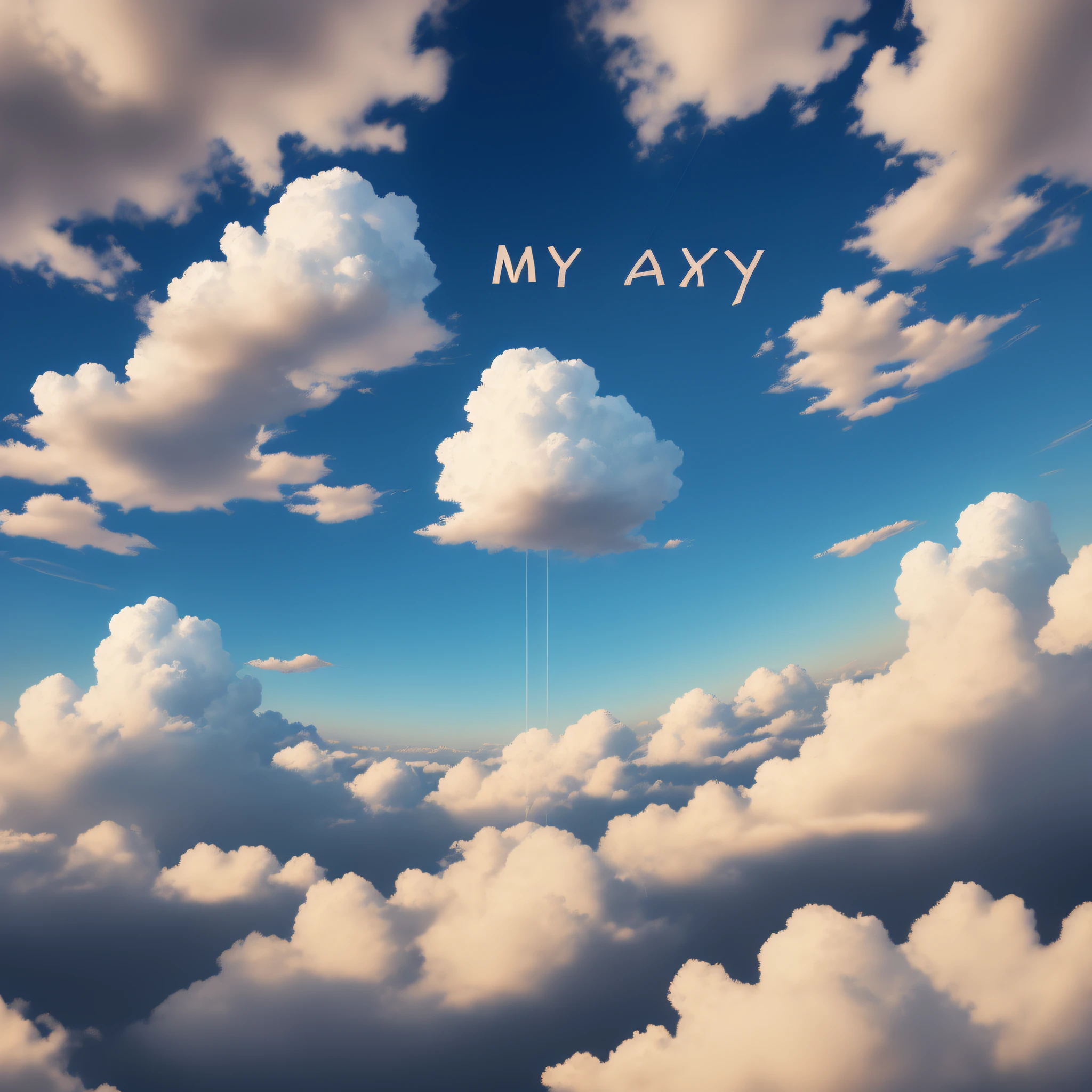 Draw a sunny sky,There are a lot of clouds in the sky,Then use the clouds to write the three words Mayday in the center