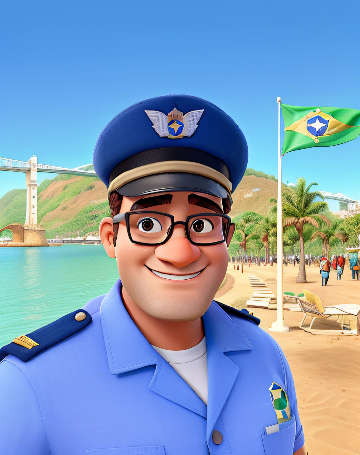 homem pardo, de farda, bespectacled, com a bandeira do Brasil no fundo
