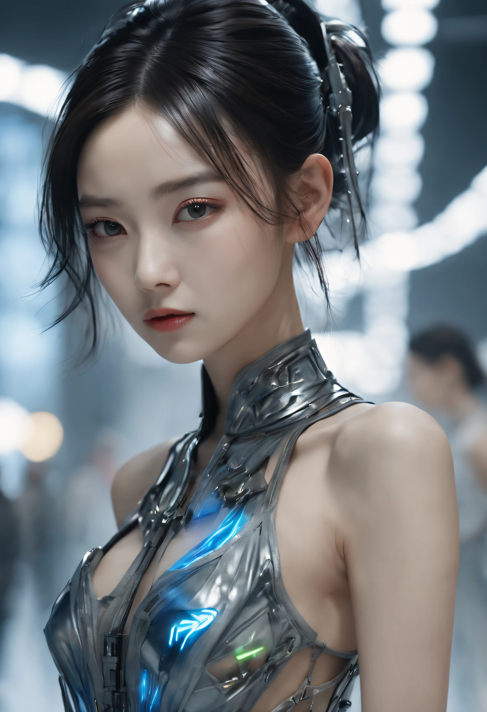 Optimal image, (8K, RAW photo, Realistic), Delicate and delicate brushstrokes and gorgeous and dynamic painting techniques, A full-body photo of a fashion model，A fashion runway for alien technology , vogue photography , Inspired by Chinese Xianxia and cyberpunk。(Best quality,4K,8K,A high resolution,Masterpiece:1.2), (Realistic,Photorealistic,photo-realistic:1.37).