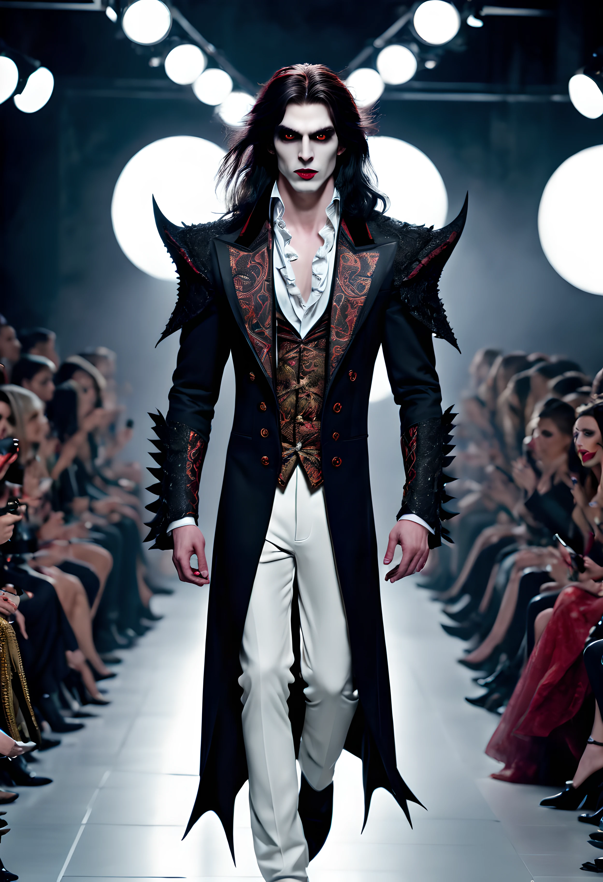 hyperrealistic and heavy detailed modern ((runway show)) of a sexy handsome vampire (lord) 1boy, (vivid big eyes), long hair, wearing long ((crazy fashion alternate costume)) with (draconic print), detailed face, real, atmospheric, sharp, 8k, high textured, maximalist, atmospheric, raytracing, real life, (natural)