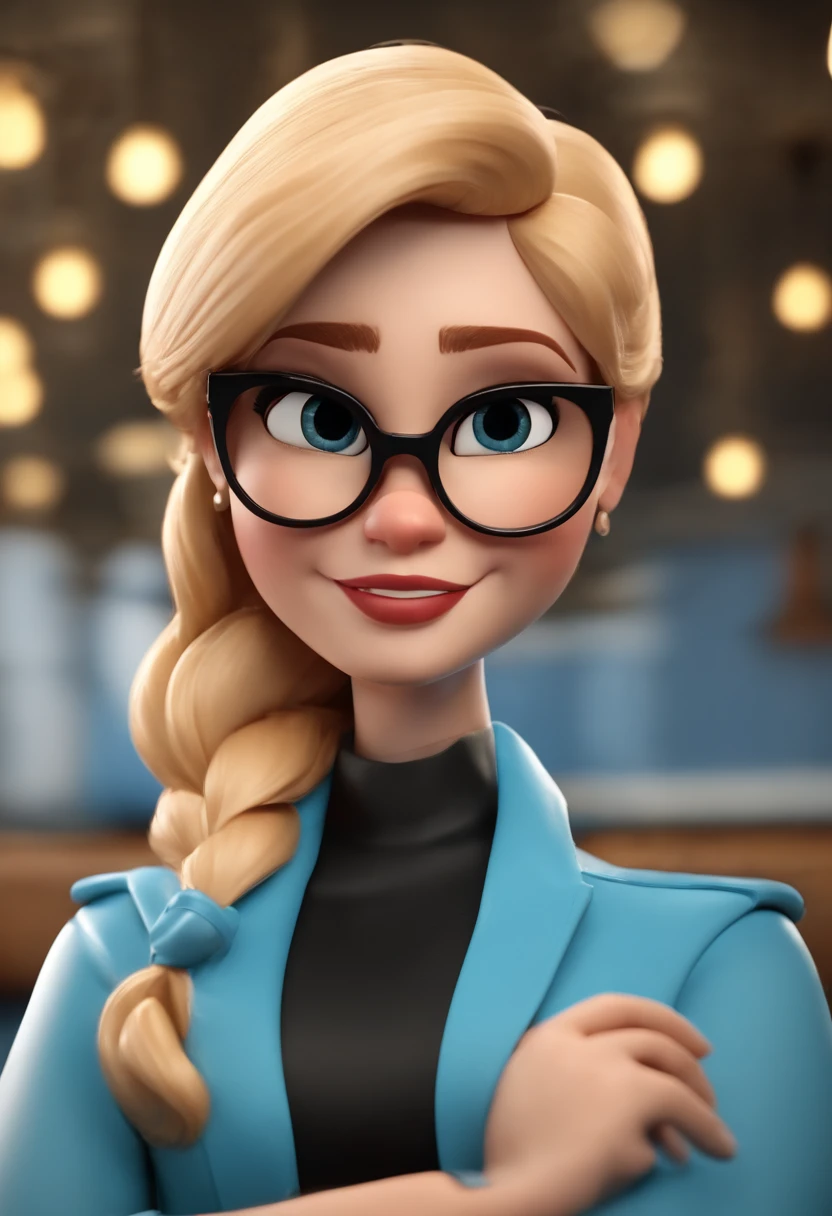 Cartoon character of a blond-haired woman wearing black glasses and a blue shirt, segurando celular um personagem animado, Caractere estilizado, animation style rendering, 3D estilizado, Arnold Maya render, 3 d render stylized, toon render keyshot, Personagem 3D, Personagem 3D, 3d rendering stylized, 3 d character render, personagem de desenho animado, Personagem de close up, Pose de personagem, (Estilo Pixar) (master part:1.2) (Bokeh) (best quality) (pele detalhada) (textura detalhada) (8k) (argila) (Cinematic lighting) (foco nítido，Senta e vaza a parte superior do corpo