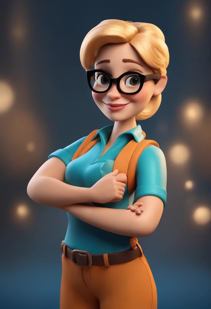 Cartoon character of a blond-haired woman wearing black glasses and a blue shirt, segurando celular um personagem animado, Caractere estilizado, animation style rendering, 3D estilizado, Arnold Maya render, 3 d render stylized, toon render keyshot, Personagem 3D, Personagem 3D, 3d rendering stylized, 3 d character render, personagem de desenho animado, Personagem de close up, Pose de personagem, (Estilo Pixar) (master part:1.2) (Bokeh) (best quality) (pele detalhada) (textura detalhada) (8k) (argila) (Cinematic lighting) (foco nítido，Senta e vaza a parte superior do corpo