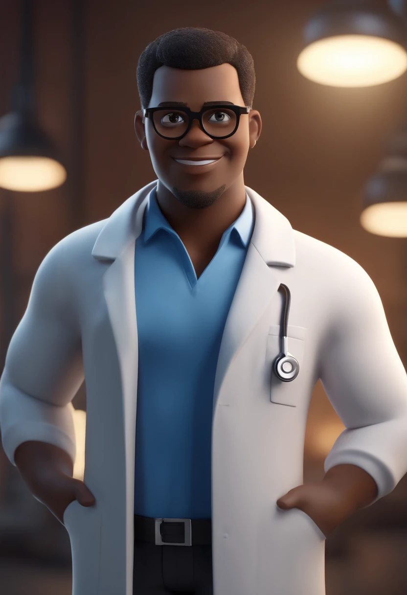 Cartoon character of a black man wearing black glasses and a blue shirt and white lab coat, um personagem animado, Caractere estilizado, animation style rendering, 3D estilizado, Arnold Maya render, 3 d render stylized, toon render keyshot, Personagem 3D, Personagem 3D, 3d rendering stylized, 3 d character render, personagem de desenho animado, Personagem de close up, Pose de personagem,  (Estilo Pixar) (master part:1.2) (Bokeh) (best quality) (pele detalhada) (textura detalhada) (8k) (argila) (Cinematic lighting) (foco nítido, plano de fundo com muitos enfermeiros comemorando