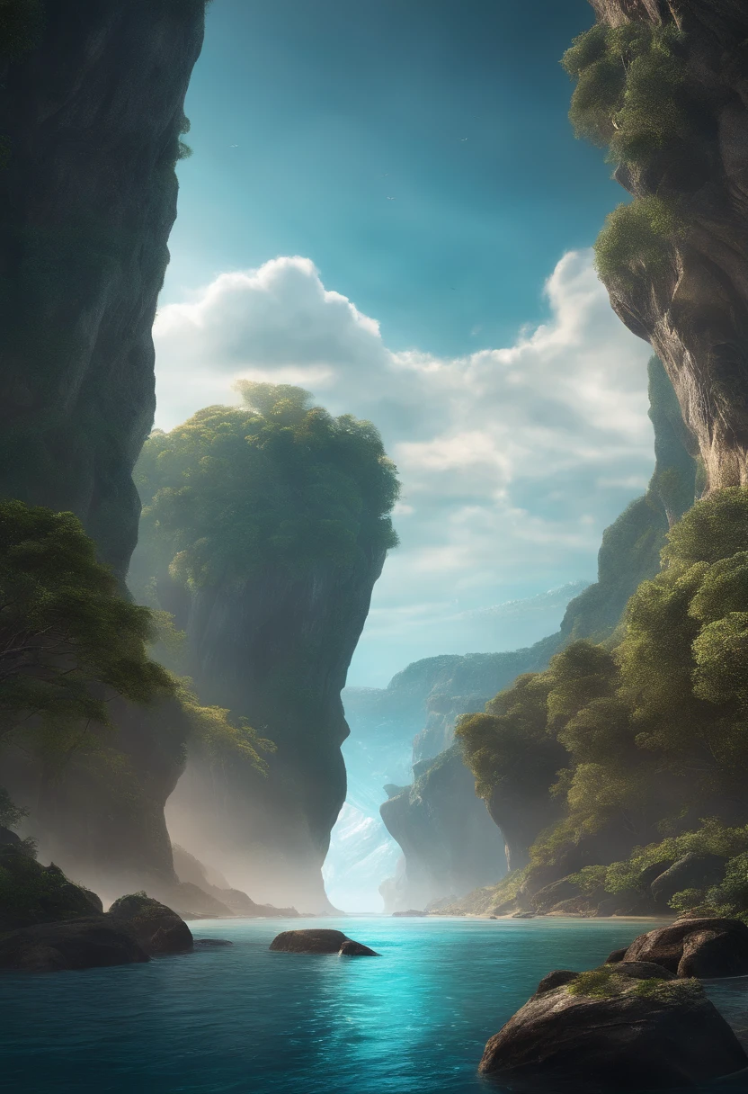 Game poster of Ethertia, science fiction, fantasy, ether particles in world boundary. sea, island with huge cliffs and dense giant trees. The sky has a fantasy effect, and the edge of the world is composed of sci-fi ether particles, like an edge-breaking distortion of an ether effect. sci fi, ultra realistic, nature, sea