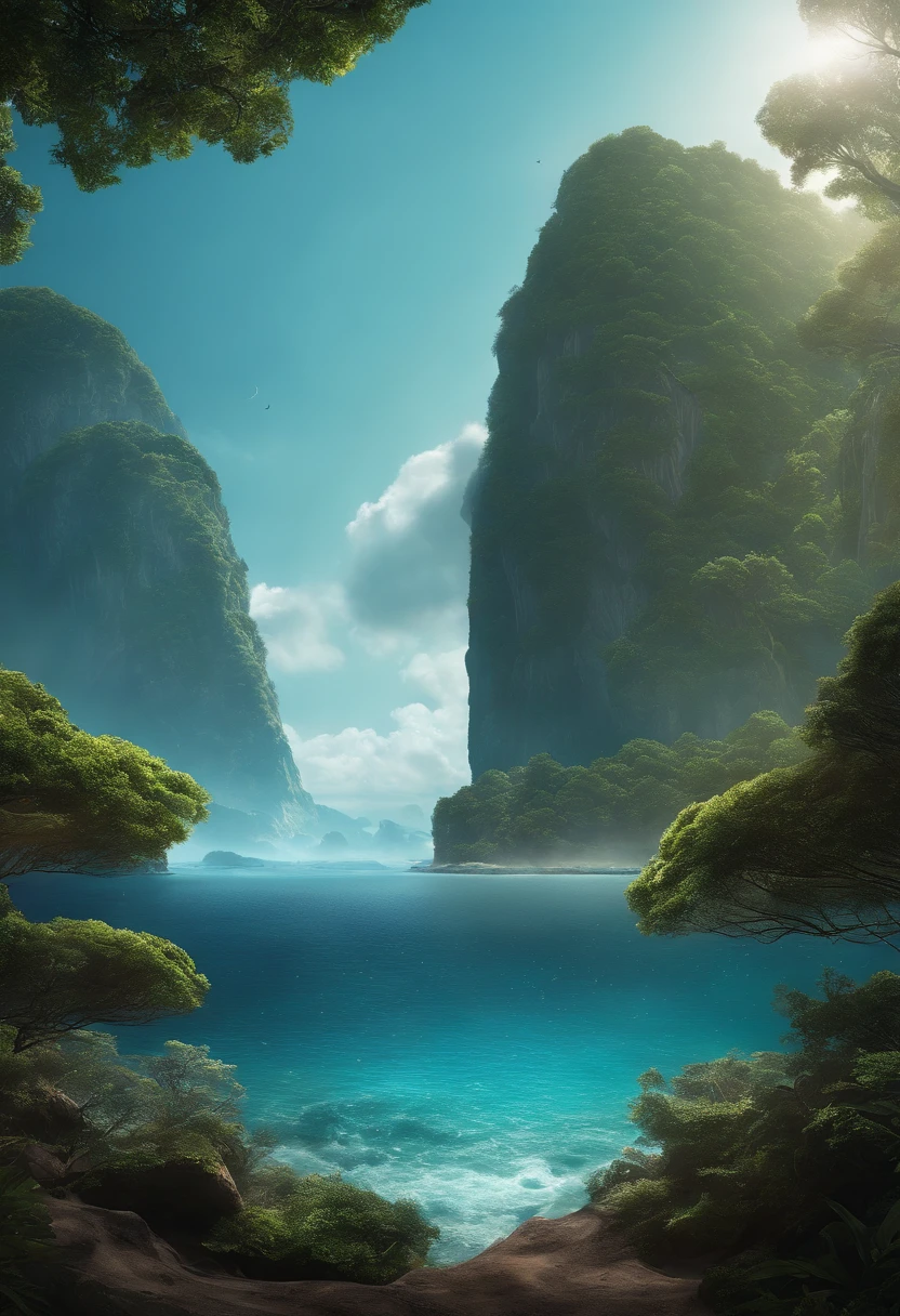 Game poster of Ethertia, science fiction, fantasy, ether particles in world boundary. sea, island with huge cliffs and dense giant trees. The sky has a fantasy effect, and the edge of the world is composed of sci-fi ether particles, like an edge-breaking distortion of an ether effect. sci fi, ultra realistic, nature, sea