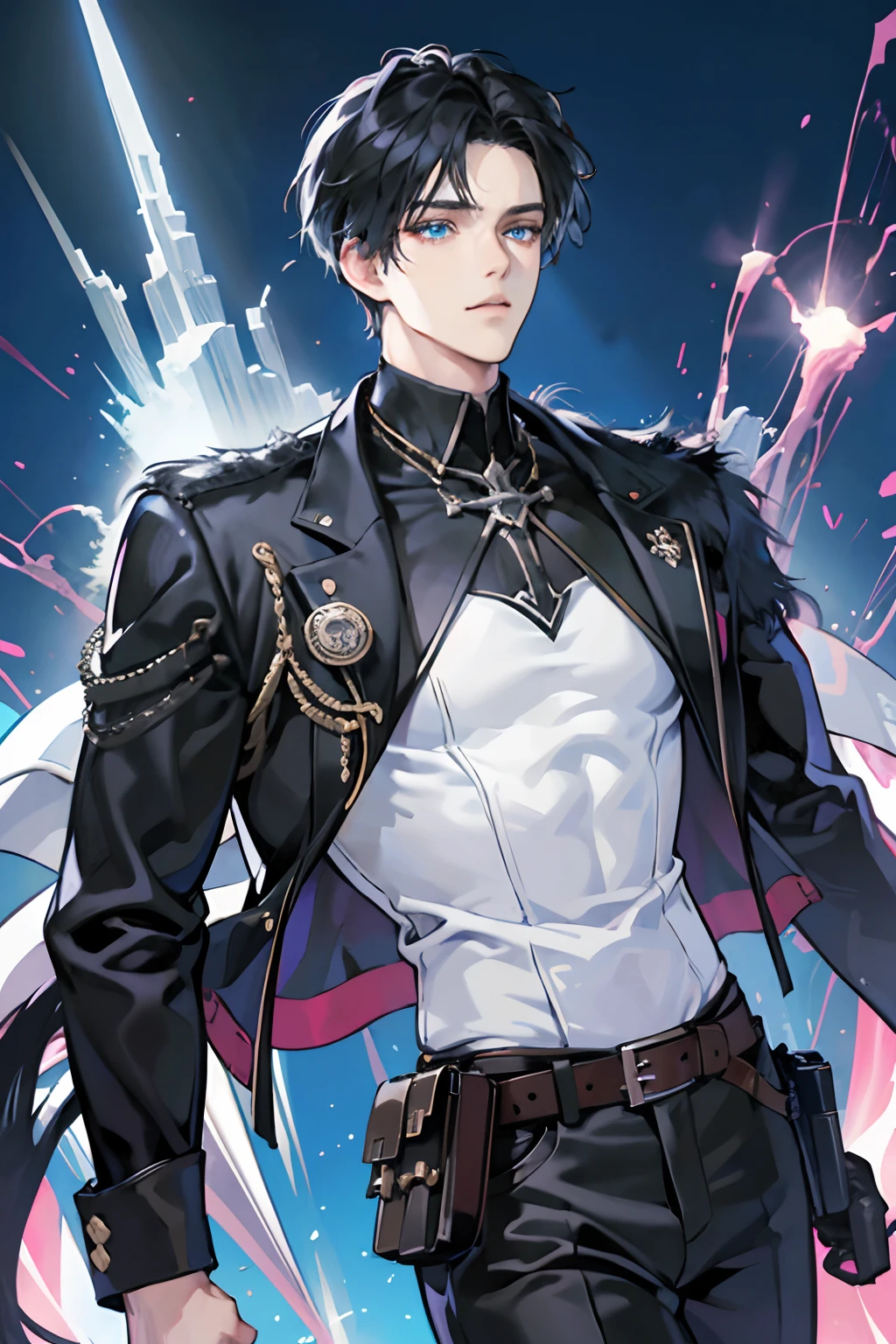 (absurdres, highres, ultra detailed, anime style), 1boy, adult, handsome, tall muscular guy, broad shoulders, finely detailed eyes, black hair, hair between eyes, crystal blue eyes, holographic, black coat, holster, tight shirt, intense run, speed, neon-lit night city, neon sign, skyscraper, Cyan, Magenta, (dutch angle), long face, closed mouth