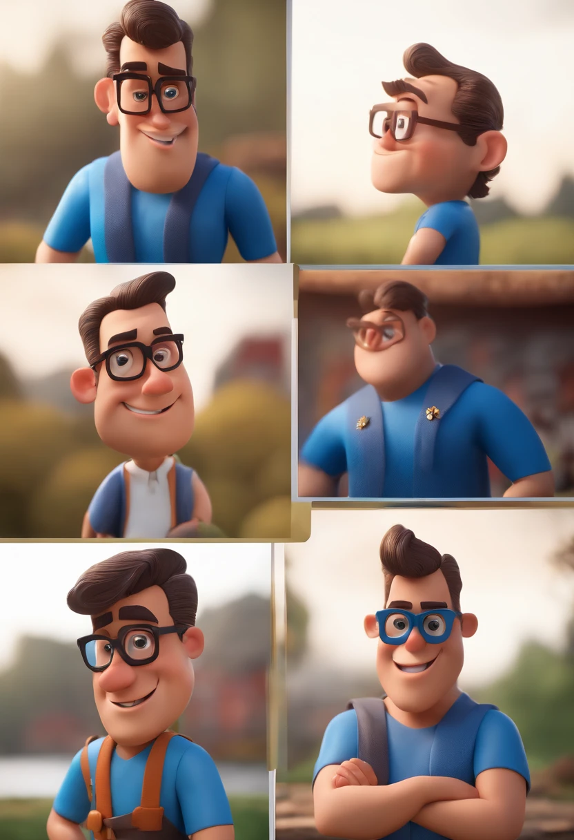 Cartoon character of a man with black glasses and a blue shirt, animation character, Caractere estilizado, animation style rendering, 3D estilizado, Arnold Maya render, 3 d render stylized, toon render keyshot, Personagem 3D, Personagem 3D, 3d rendering stylized, 3 d character render, personagem de desenho animado, Personagem de close up, Pose de personagem,  (Estilo Pixar) (master part:1.2) (Bokeh) (best quality) (pele detalhada) (textura detalhada) (8k) (argila) (Cinematic lighting) (foco nítido