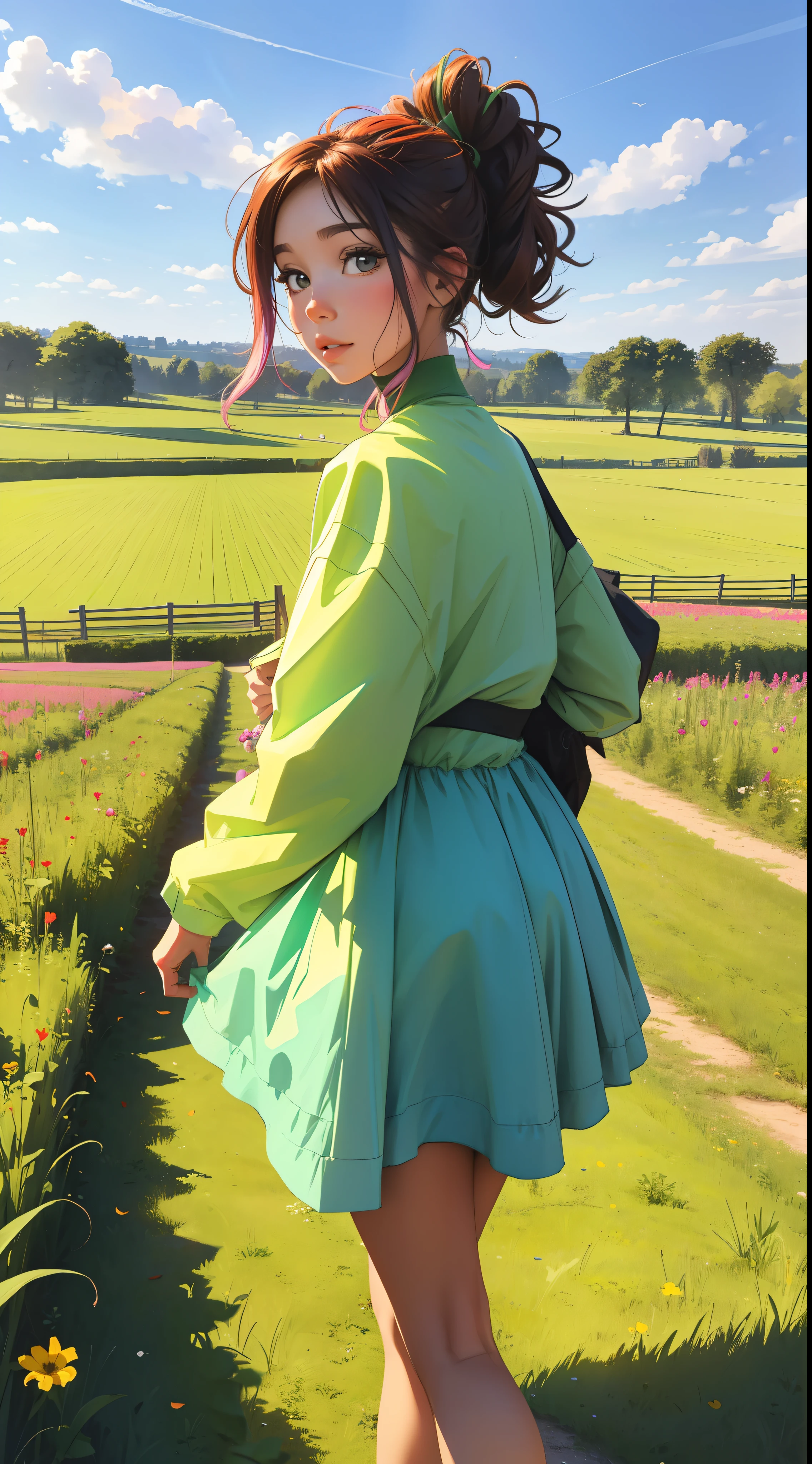Marche dans un champ de lavande, Une belle fille avec, UHD Portrait, (High quality) (ultra details) Regarder le spectateur en tenue de ville de style hip-hop; different, colourfull, cheveux longs 🌈