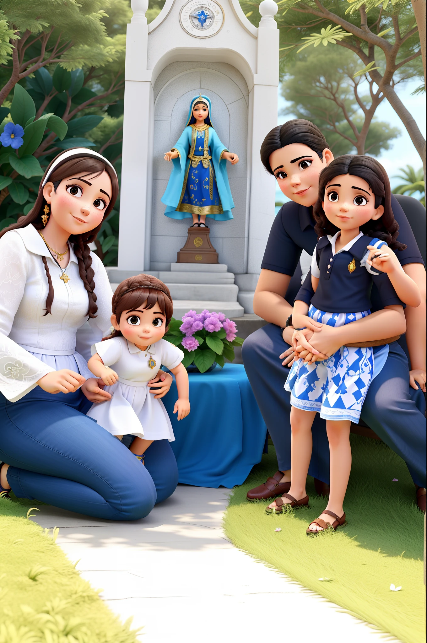 Uma familia, duas meninas, fundo imagens de nossa senhora Aparecida.