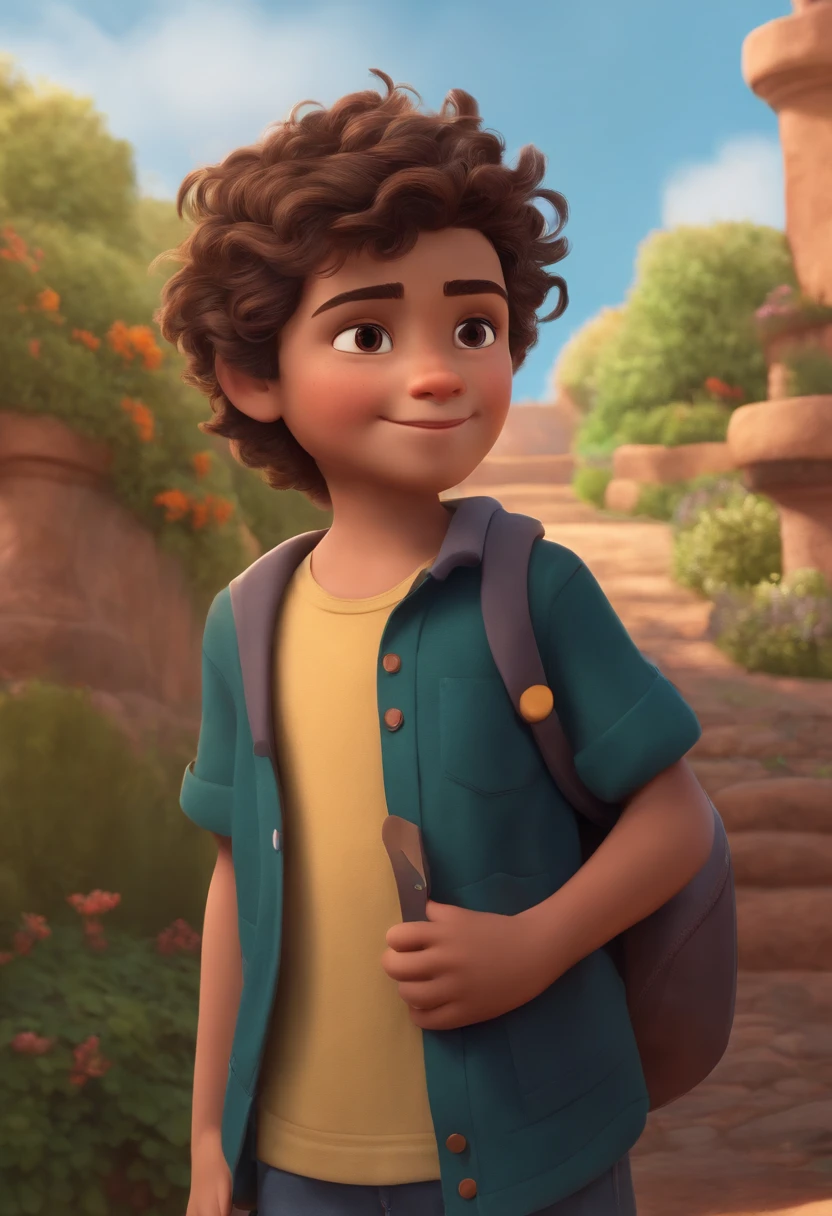 Image of a boy for a story in a YouTube video in Pixar format, He's the little allabester, He's the class leader, He's outgoing, Playful and gets up for a lot of things, cabelo curto