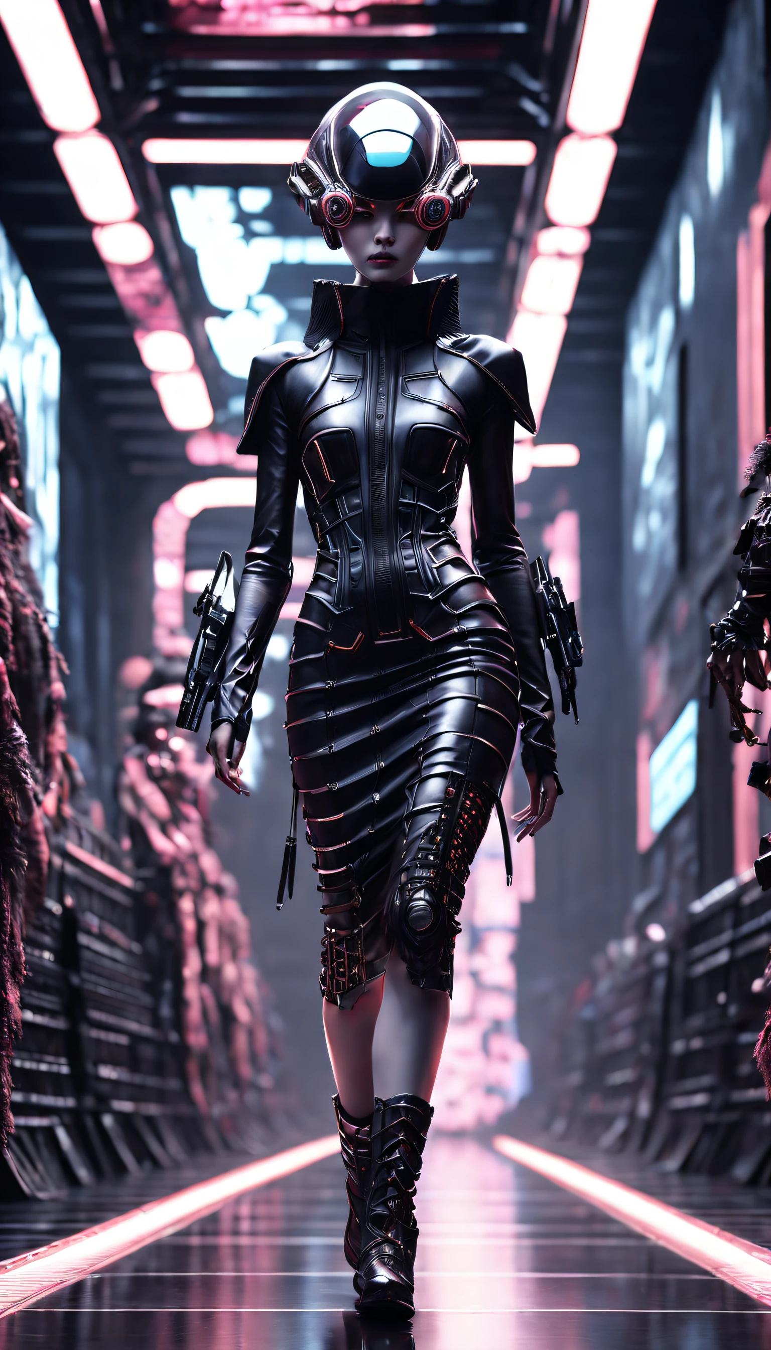 A fashion runway for alien technology , vogue photography , Inspired by Chinese Xianxia and cyberpunk。(Best quality,4K,8K,A high resolution,Masterpiece:1.2), (Realistic,Photorealistic,photo-realistic:1.37).