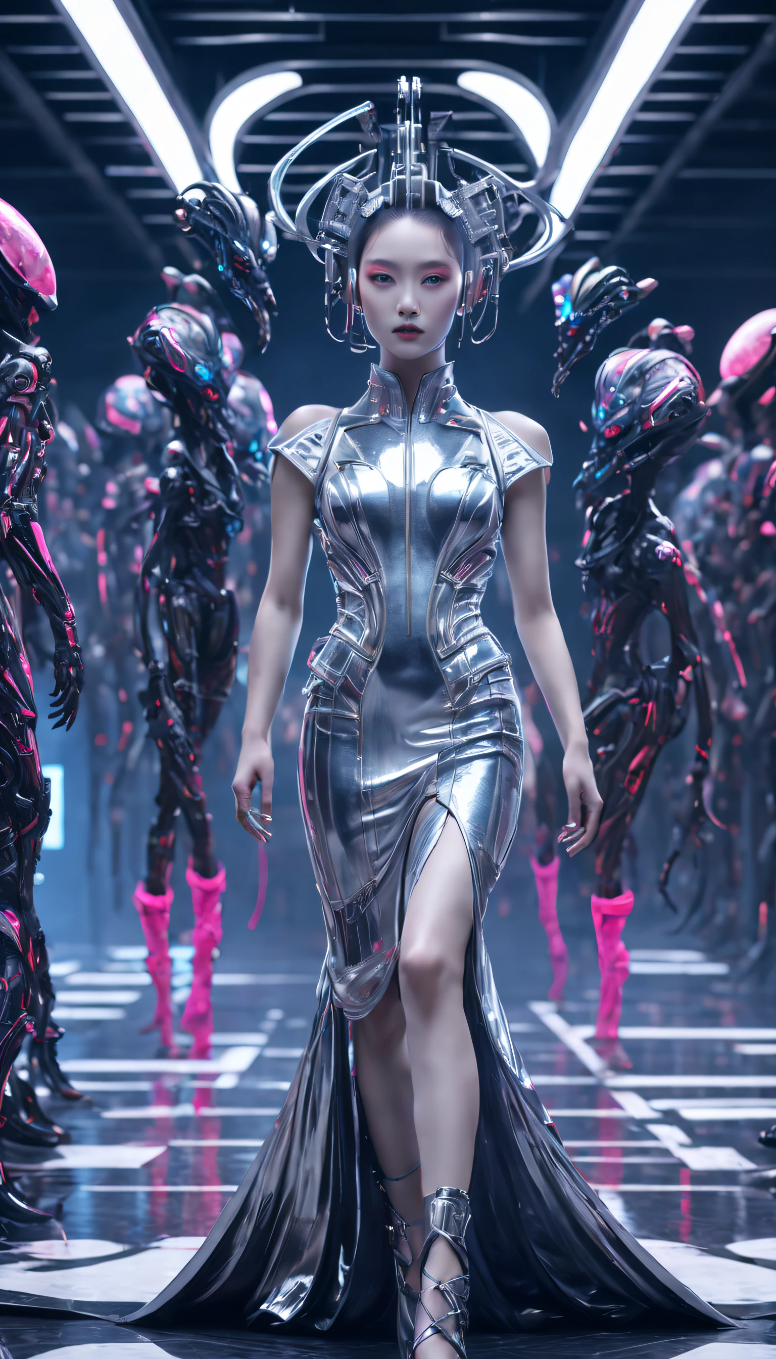 A fashion runway for alien technology , vogue photography , Inspired by Chinese Xianxia and cyberpunk。(Best quality,4K,8K,A high resolution,Masterpiece:1.2), (Realistic,Photorealistic,photo-realistic:1.37).