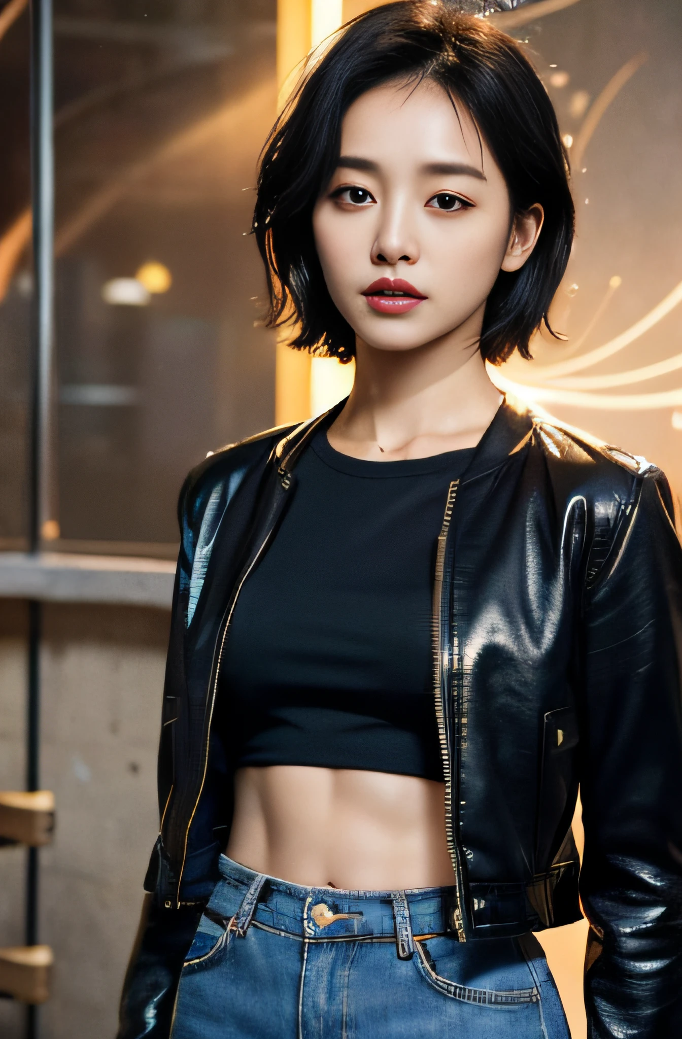 (Forehead, Cropped jacket, Abs, Midriff, scowling, Short hair, Black hair, eye line:1.3), (masutepiece, Best Quality, beautiful quality), (Photorealistic:1.4), (Detailed Lighting, highlydetailed skin, very detail hair, shadowy, 8K, Tea Cho Photos, 1girll:1.2), view the viewer, (high key lighting), masutepiece, of the highest quality, Best Quality, offcial art, Wallpapers by Unity 8K, hight resolution, 超A high resolution, Ultra-detailed, Beautiful and aesthetic，Pained look，darkened room、Navel Ejection、Emphasis on bust