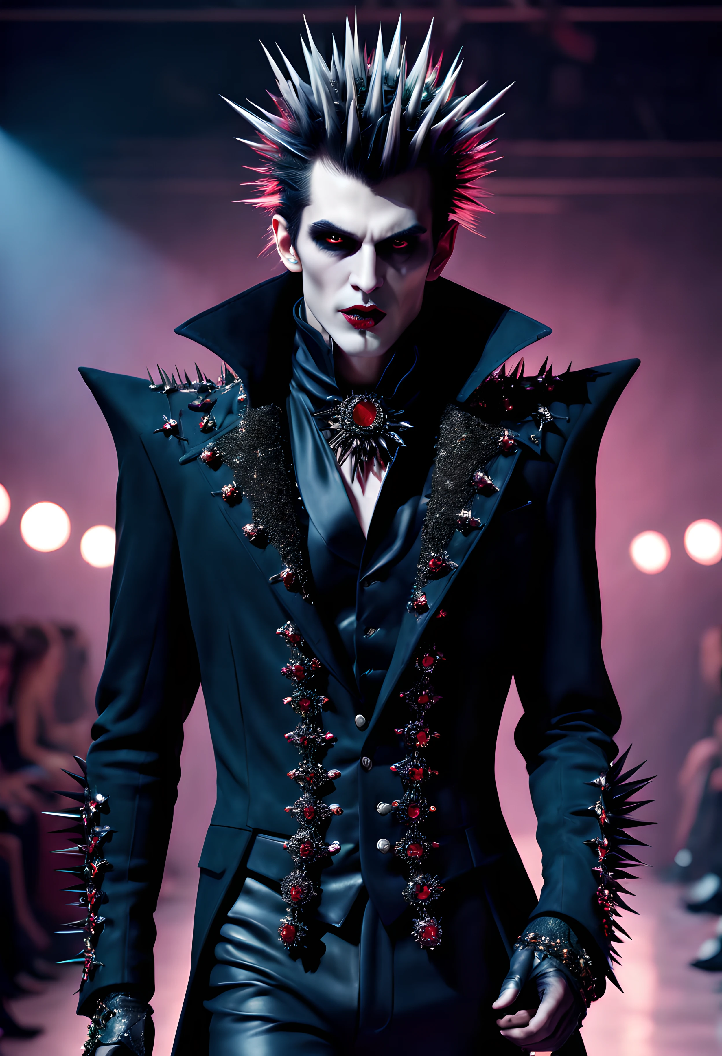 cool vampire king dressed in latex lingerie posing for a photo, red neon lights, red background, darksynth aesthetic, fetish fashion aesthetic, perfect body, demon man, gothic fashion, goth aesthetic, vampire aesthetic.