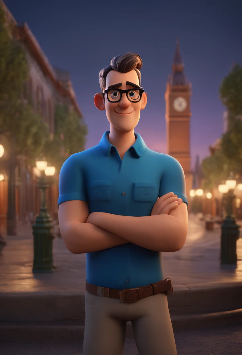 Cartoon character of a man wearing black glasses and a blue shirt, animation character, Caractere estilizado, Rendering Animation Styles, 3D estilizado, Arnold Maya render, 3D render estilizado, Toon renderizar keyshot, Personagem 3D, Personagem 3D, 3d rendering stylized, 3 d character render, Personagem de desenho animado, Personagem de close-up, Pose do personagem,  (Estilo Pixar) (Obra prima:1.2) (Bokeh) (melhor qualidade) (Pele detalhada) (Textura detalhada) (8k) (argila) (Cinematic lighting) (foco nítido