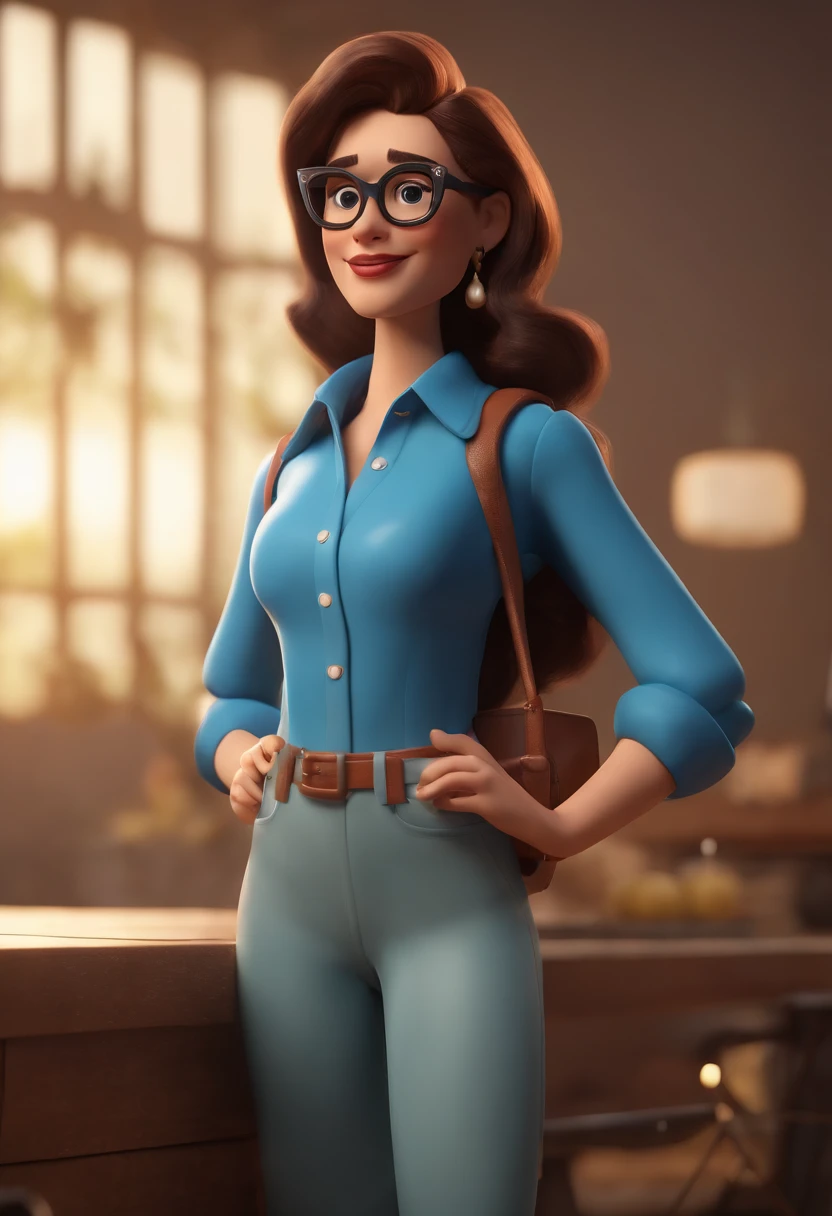 Cartoon character of a woman wearing black glasses and a blue shirt, um personagem animado, Caractere estilizado, animation style rendering, 3D estilizado, Arnold Maya render, 3 d render stylized, toon render keyshot, Personagem 3D, Personagem 3D, 3d rendering stylized, 3 d character render, personagem de desenho animado, Personagem de close up, Pose de personagem, (Estilo Pixar) (master part:1.2) (Bokeh) (best quality) (pele detalhada) (textura detalhada) (8k) (argila) (Cinematic lighting) (foco nítido，Senta e vaza a parte superior do corpo nua gostosa