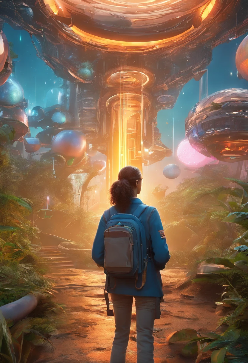 science fiction painting, Uma corredora mostrando sua medalha, In the background a beautiful futuristic park with trees and lush vegetation