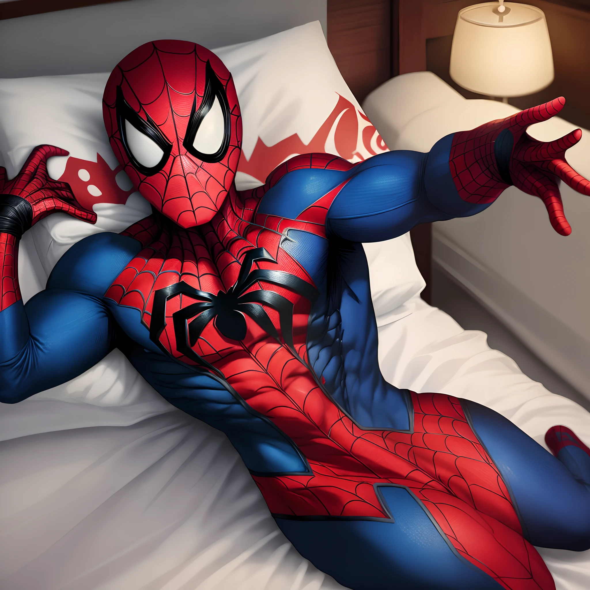 Spider-Man full length, Embossed body, body free from clothes, The penis is visible, furry tentacles envelop the body, glitter on the body, fluffy blue cloud, Professional photo, 4k, hight resolution, higly detailed, 30mm lens, 1/250s, f/2.8, Realistic