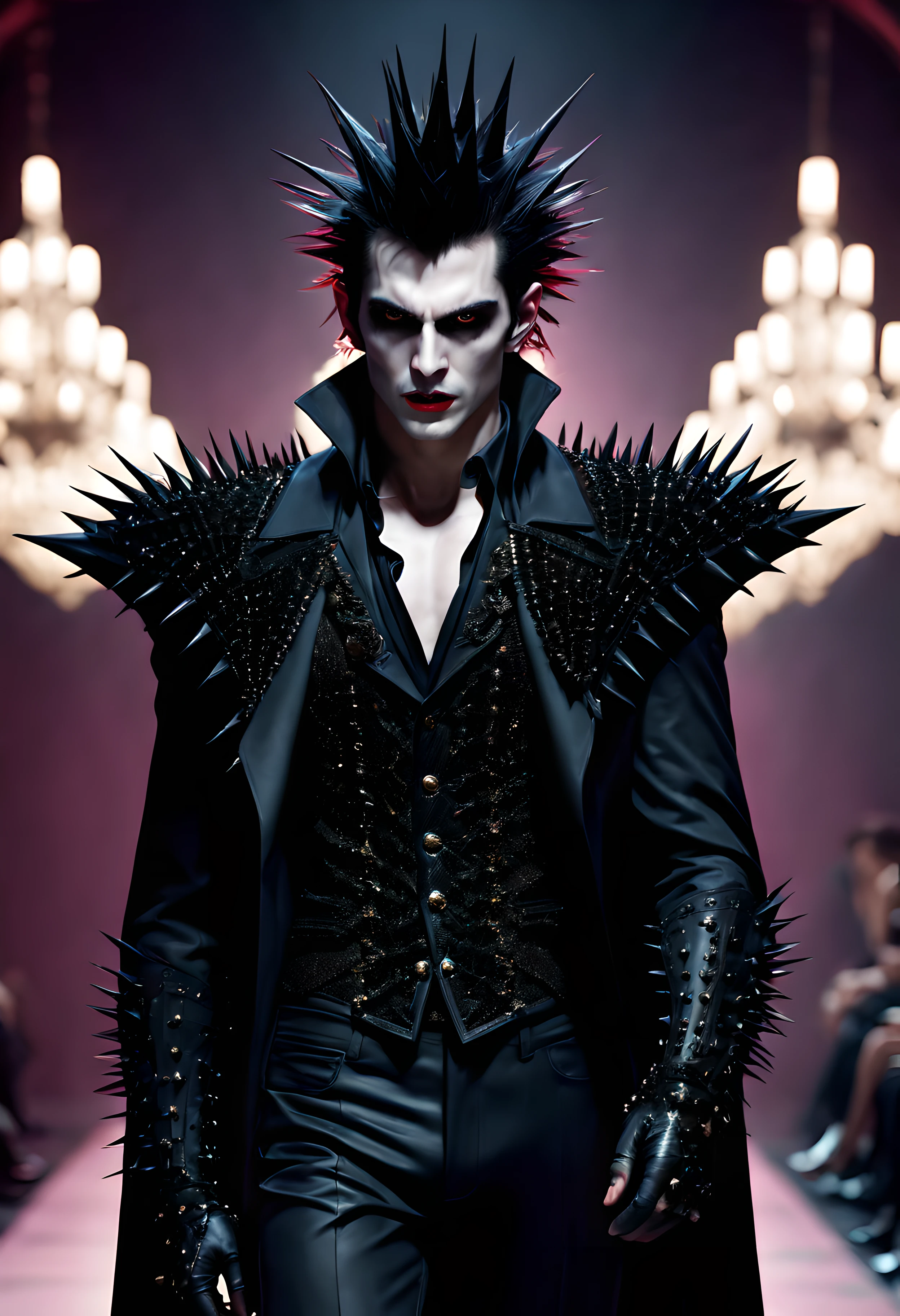 hyperrealistic and heavy detailed modern ((runway show)) of a sexy handsome vampire (lord) 1boy, wearing long spiky (crazy fashion alternate costume), detailed face, real, atmospheric, sharp, 8k, high textured, maximalist, atmospheric, raytracing, real life