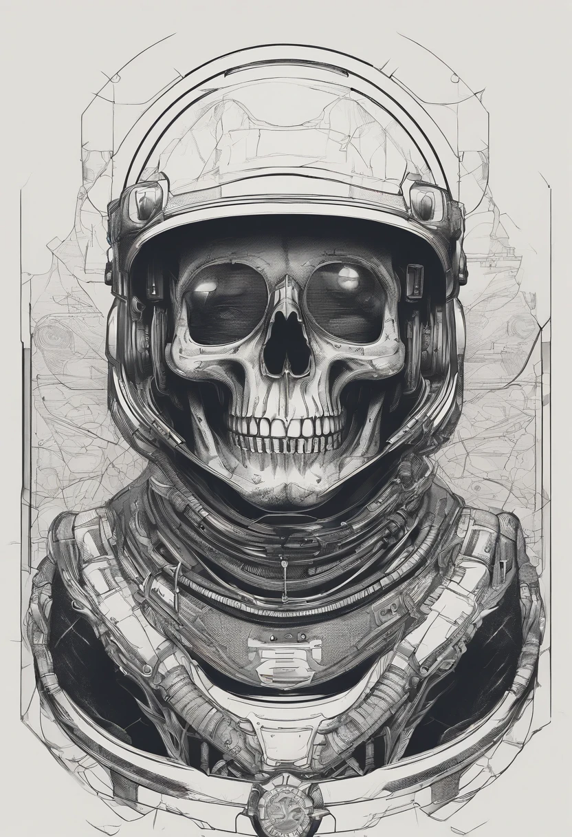 Pencil sketch of (AstronautInSpace), (elegant fine-line stencil tattoo design:1.2), (floating with hand extended gracefully upwards), (detailed space suit with subtle wear and tear:1.2), (Vertical diamond-shaped gradient background from deep black to lighter grey:1.1), (Body parts subtly extending beyond the diamond border), minimalistic planetary elements, (Cracked helmet visor revealing a skull inside), atmospheric lighting, Cinematic composition, Concept art, Digital illustration, Detailed, Inspired by the works of H.R. Giger, Moebius, and Chris Foss, Utilizing natural light effects, 4K resolution, High detail focus on ((Skull visible through visor)), (Eyes depicting the void:1.3), dimly lit, (Conveying the profound emotion of isolation).