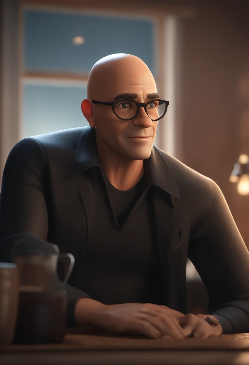 Personagem de desenho animado de um homem de 35 anos, with a shaved head and no beard, with black glasses and black shirt, animation character, Caractere estilizado, animation style rendering, 3D estilizado, Arnold Maya render, 3 d render stylized, toon render keyshot, Personagem 3D, Personagem 3D, 3d rendering stylized, 3 d character render, personagem de desenho animado, Personagem de close up, Pose de personagem,  (Estilo Pixar) (master part:1.2) (Bokeh) (best quality) (pele detalhada) (textura detalhada) (8k) (argila) (Cinematic lighting) (foco nítido)