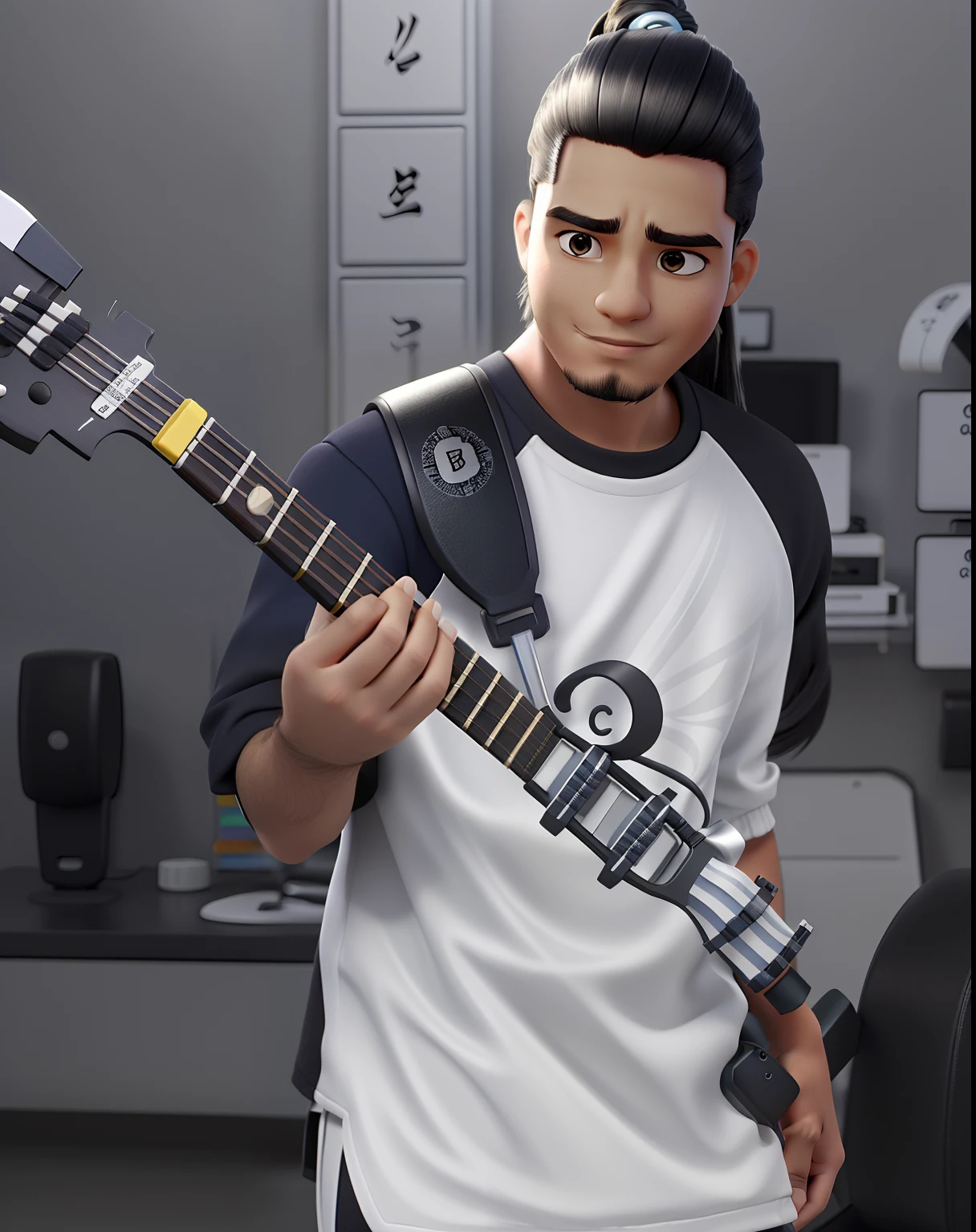 Um baixista de cabelo comprido preso em um coque, tocando seu instrumento em preto e branco