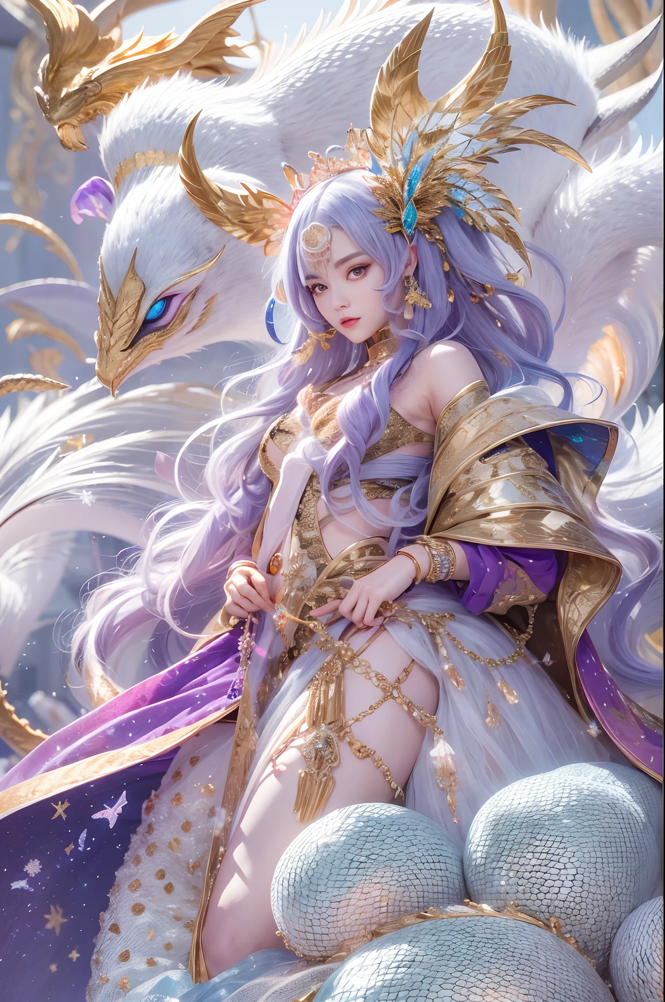 16k（tmasterpiece，k hd，hyper HD，16k）short detailed hair，Gold jewelry area in the back room，King Girl ，Silver Dragon Protector （realisticlying：1.4），Python pattern robe，Purple-pink tiara，Snowflakes fluttering，The background is pure，Hold your head high，Be proud，The nostrils look at people， A high resolution， the detail， RAW photogr， Sharp Re， Nikon D850 Film Stock Photo by Jefferies Lee 4 Kodak Portra 400 Camera F1.6 shots, Rich colors, ultra-realistic vivid textures, Dramatic lighting, Unreal Engine Art Station Trend, cinestir 800，Hold your head high，Be proud，The nostrils look at people, full body