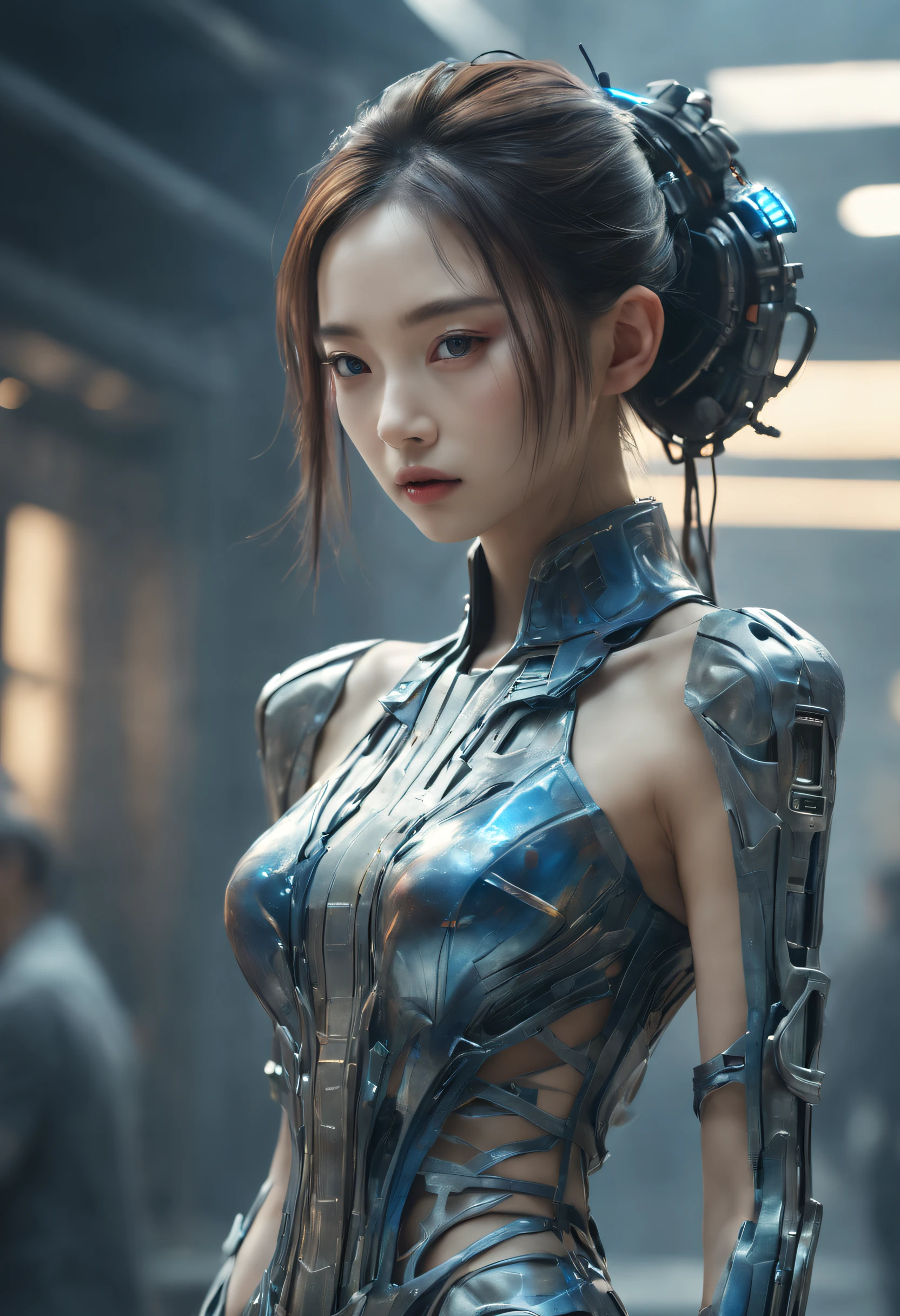 Optimal image, (8K, RAW photo, Realistic), Delicate and delicate brushstrokes and gorgeous and dynamic painting techniques, A full-body photo of a fashion model，A fashion runway for alien technology , vogue photography , Inspired by Chinese Xianxia and cyberpunk。(Best quality,4K,8K,A high resolution,Masterpiece:1.2), (Realistic,Photorealistic,photo-realistic:1.37).