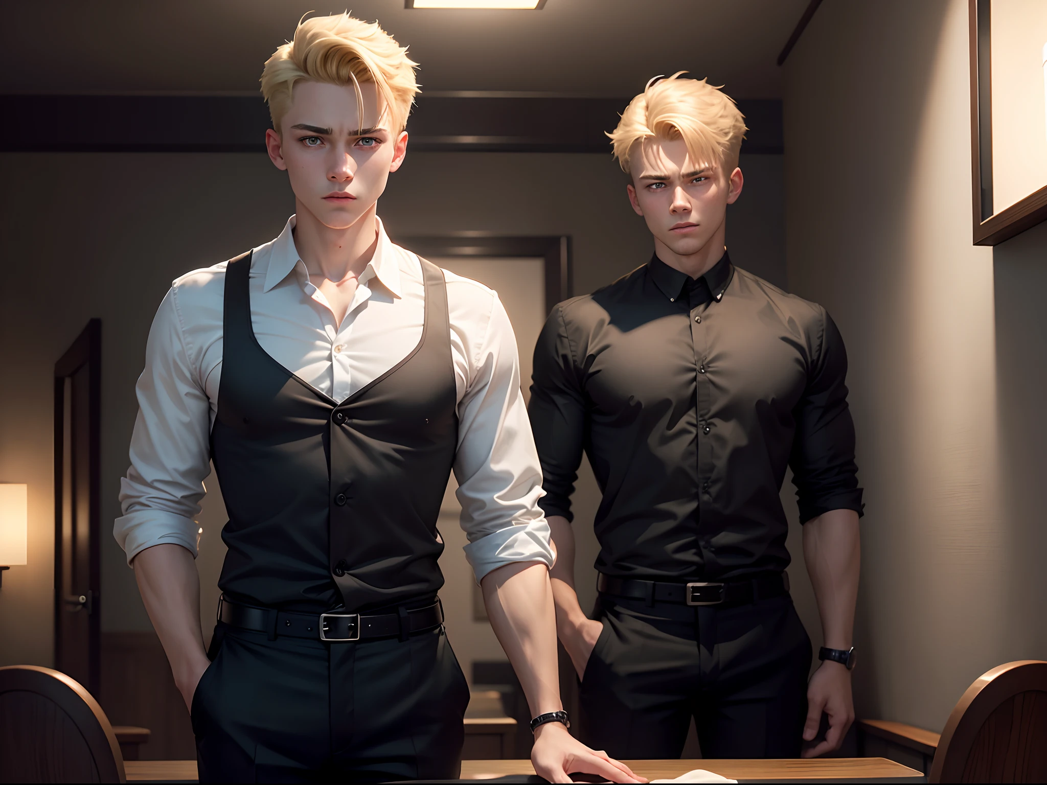 Realistic, 8k image of a young 15 year old man, blond, strong, short hair combed back, blue eyes, square chin, dressed in a black button down blouse and black pants, standing in a dining room at night, scared expression, anime style art