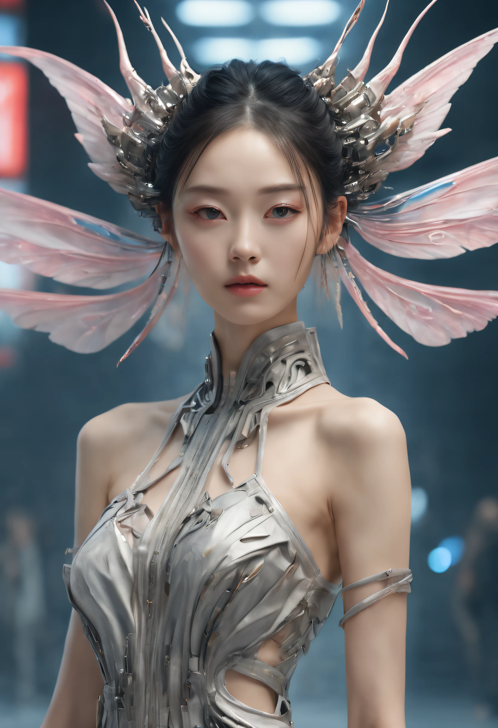 Optimal image, (8K, RAW photo, Realistic), Delicate and delicate brushstrokes and gorgeous and dynamic painting techniques, A full-body photo of a fashion model，A fashion runway for alien technology , vogue photography , Inspired by Chinese Xianxia and cyberpunk。(Best quality,4K,8K,A high resolution,Masterpiece:1.2), (Realistic,Photorealistic,photo-realistic:1.37).