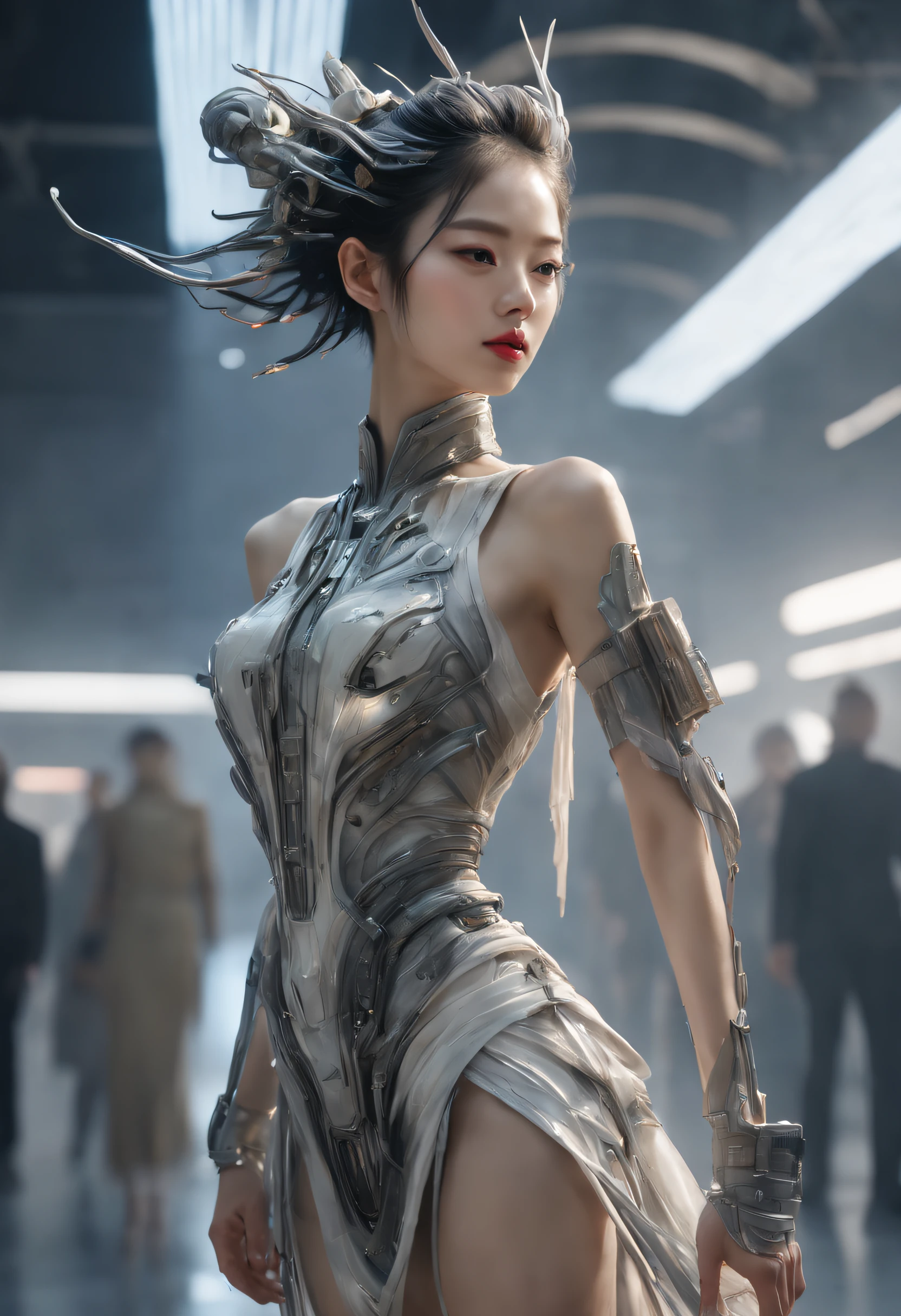 Optimal image, (8K, RAW photo, Realistic), Delicate and delicate brushstrokes and gorgeous and dynamic painting techniques, A full-body photo of a fashion model，A fashion runway for alien technology , vogue photography , Inspired by Chinese Xianxia and cyberpunk。(Best quality,4K,8K,A high resolution,Masterpiece:1.2), (Realistic,Photorealistic,photo-realistic:1.37).