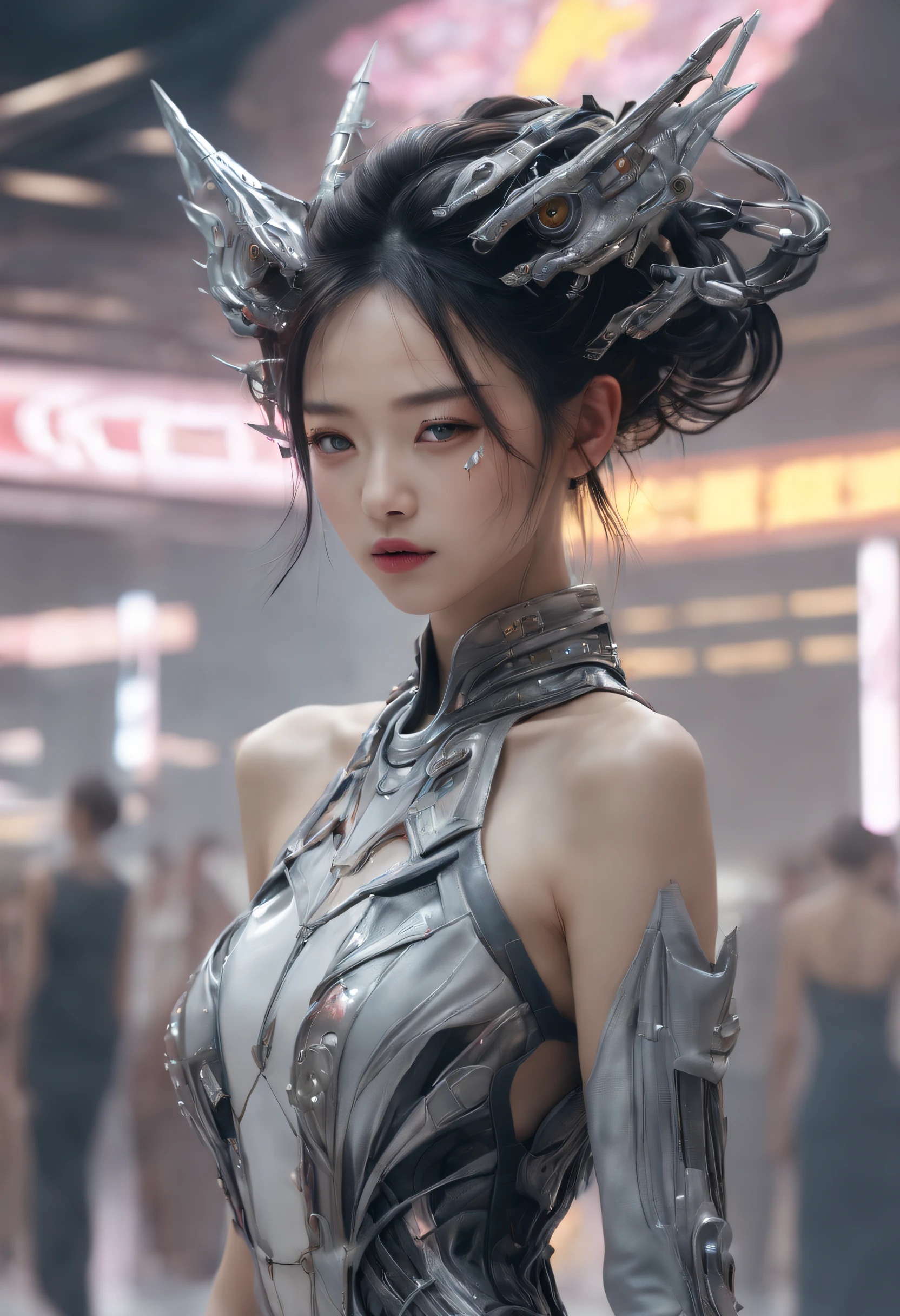 Optimal image, (8K, RAW photo, Realistic), Delicate and delicate brushstrokes and gorgeous and dynamic painting techniques, A full-body photo of a fashion model，A fashion runway for alien technology , vogue photography , Inspired by Chinese Xianxia and cyberpunk。(Best quality,4K,8K,A high resolution,Masterpiece:1.2), (Realistic,Photorealistic,photo-realistic:1.37).