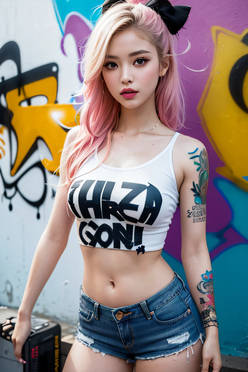 (highest image quality), (masterpiece), (vibrant, photography realistic, Realistic, Dramatic, Dark, Sharp focus, 8K), Full color drawing ofeuropian girl hip-hop, hip-hop, hip-hop, hip-hop, miniskirt jeans, rapping (((graffiti art))), in a sea background, crazy details, intricate details, hyper details , Low Contrast, Cinematic Soft Light, Exposure Blend, HDR, Front (1girl), bare legs, bare shoulder, (colorful hair), music, white skin, sexy, luxury, model pose , (detailed face, lip, nose, rouge, eyeshadow, lipstick, gorgeous face), thigh high skirt, (all body), (all body get tattoo:1.2), pink sneaker, nice body, blonde hair , ((detailed face))