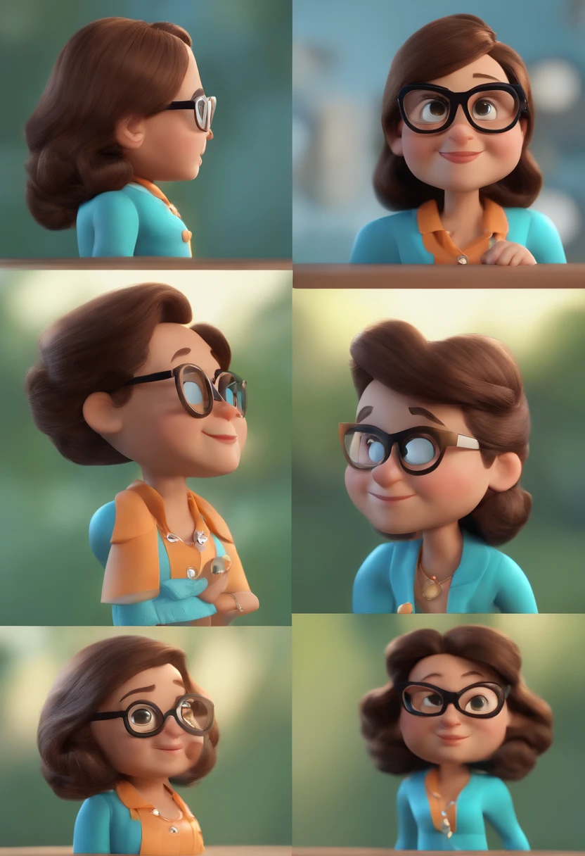 Cartoon character of a woman wearing black glasses and a blue shirt, um personagem animado, Caractere estilizado, animation style rendering, 3D estilizado, Arnold Maya render, 3 d render stylized, toon render keyshot, Personagem 3D, Personagem 3D, 3d rendering stylized, 3 d character render, personagem de desenho animado, Personagem de close up, Pose de personagem, (Estilo Pixar) (master part:1.2) (Bokeh) (best quality) (pele detalhada) (textura detalhada) (8k) (argila) (Cinematic lighting) (foco nítido,Senta e vaza a parte superior do corpo nua gostosa