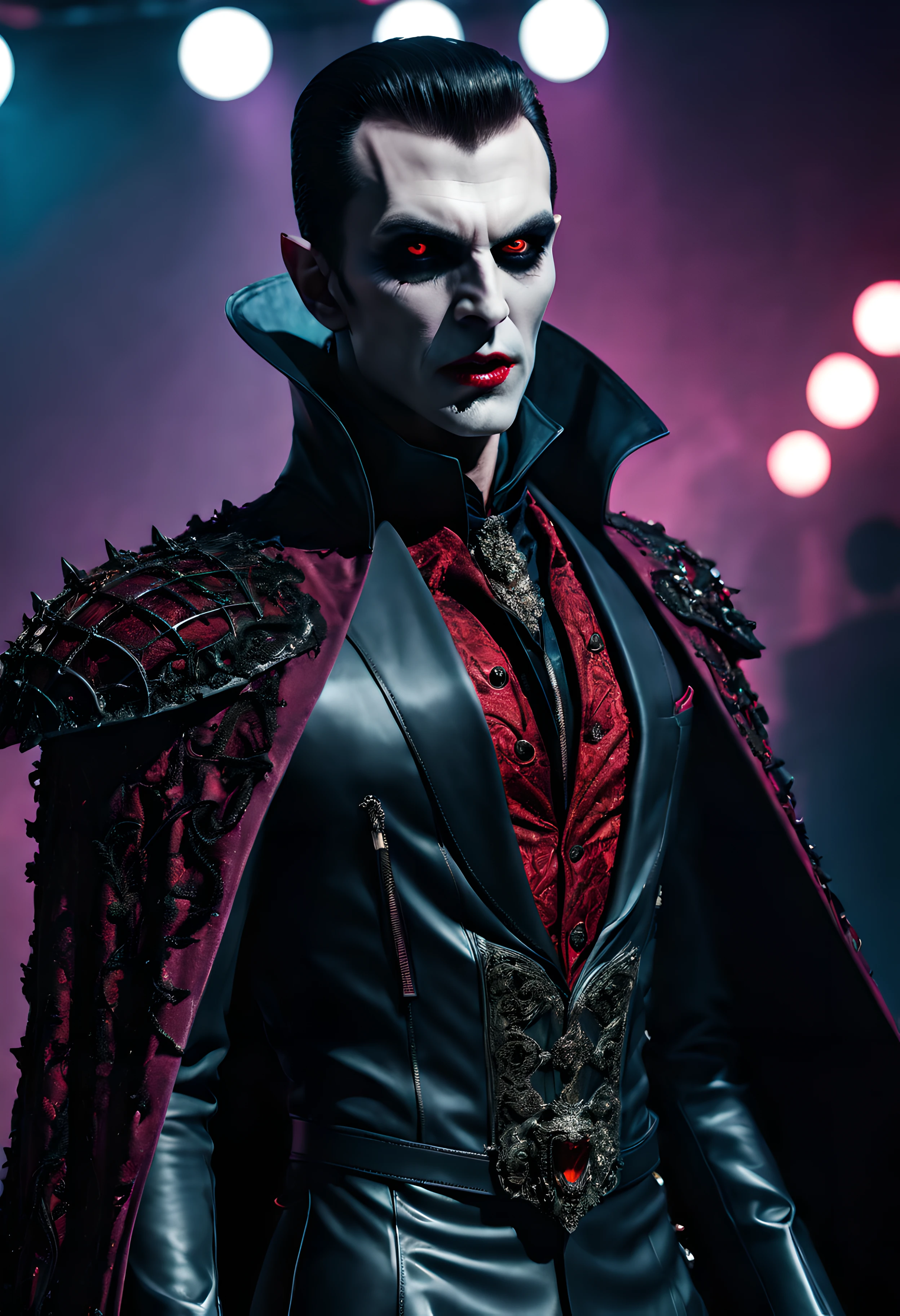 hyperrealistic and heavy detailed modern ((runway show)) of a sexy vampire lord, wearing armored clothing crazy fashion alternate costume, detailed face, real, atmospheric, sharp, 8k, high textured, maximalist, atmospheric, raytracing, real life, ((colorful))