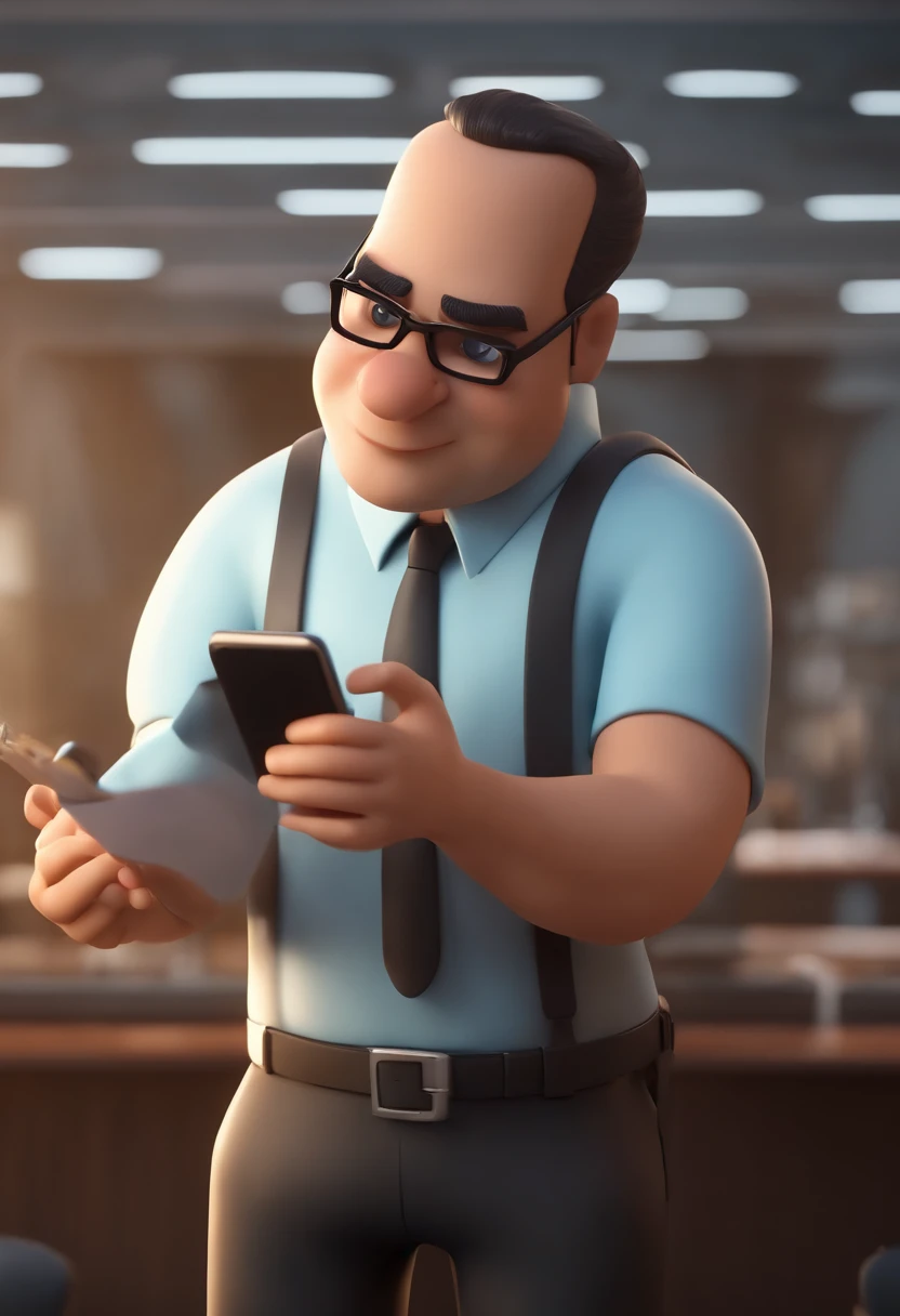 Cartoon character of a man with black glasses and a black shirt writing attitude on the sleeve, slightly slanted Japanese eyes, barba curta e bigode curto, alto, segurando um celular,animation character, Caractere estilizado, animation style rendering, 3D estilizado, Arnold Maya render, 3 d render stylized, toon render keyshot, Personagem 3D, Personagem 3D, 3d rendering stylized, 3 d character render, personagem de desenho animado, Personagem de close up, Pose de personagem,  (Estilo Pixar) (master part:1.2) (Bokeh) (best quality) (pele detalhada) (textura detalhada) (8k) (argila) (Cinematic lighting) (foco nítido