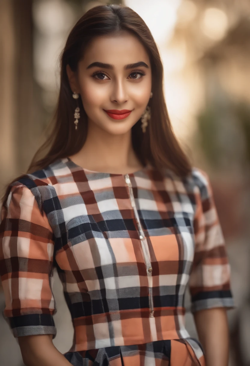 8K,Best quality,hyper HD,Little sister in a checkered skirt,Skin whitening,Delicate facial features,Long legs,brown hair,Smile with big eyes